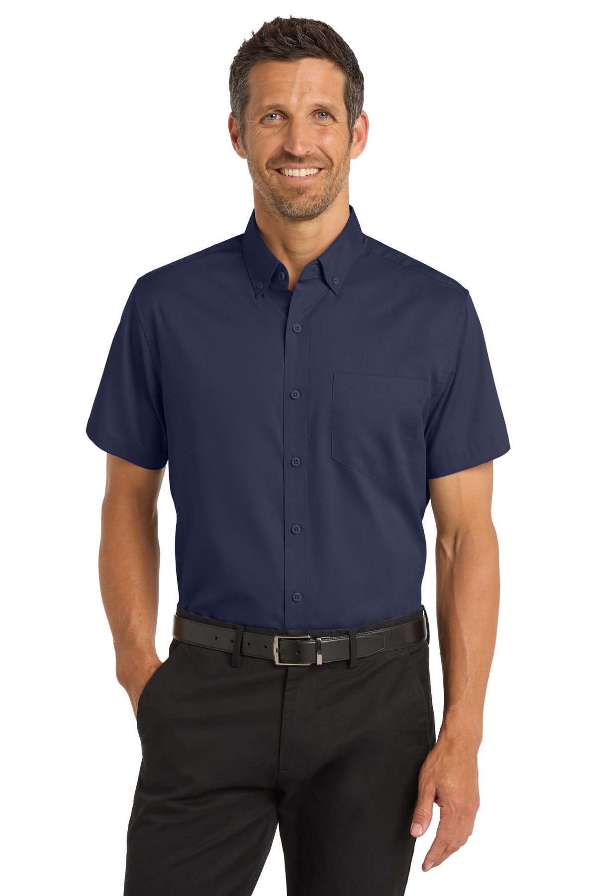 Custom True Navy Short Sleeve SuperPro Twill Shirt S664, personalized by SanCanDo Swag in Argyle, TX