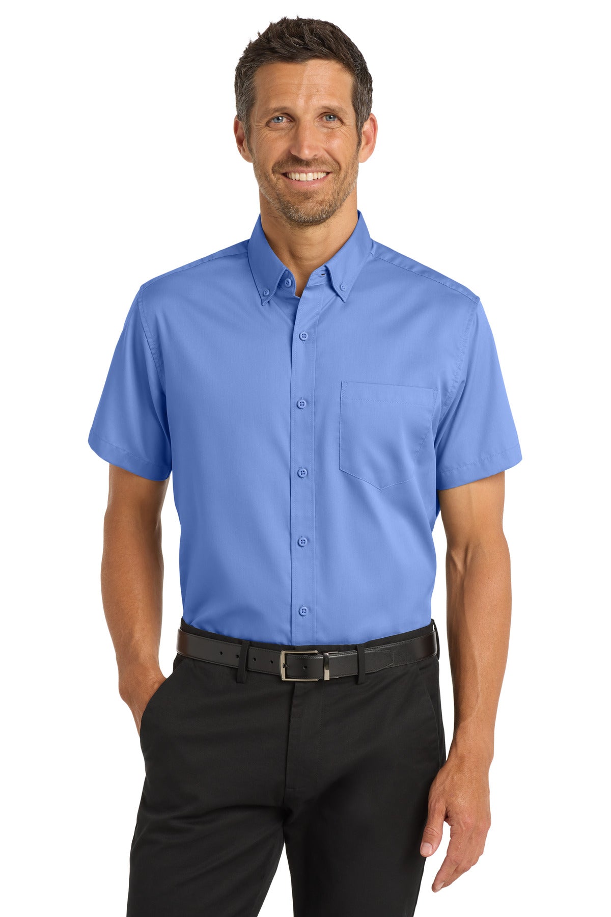 Custom Ultramarine Blue Short Sleeve SuperPro Twill Shirt S664, personalized by SanCanDo Swag in Argyle, TX