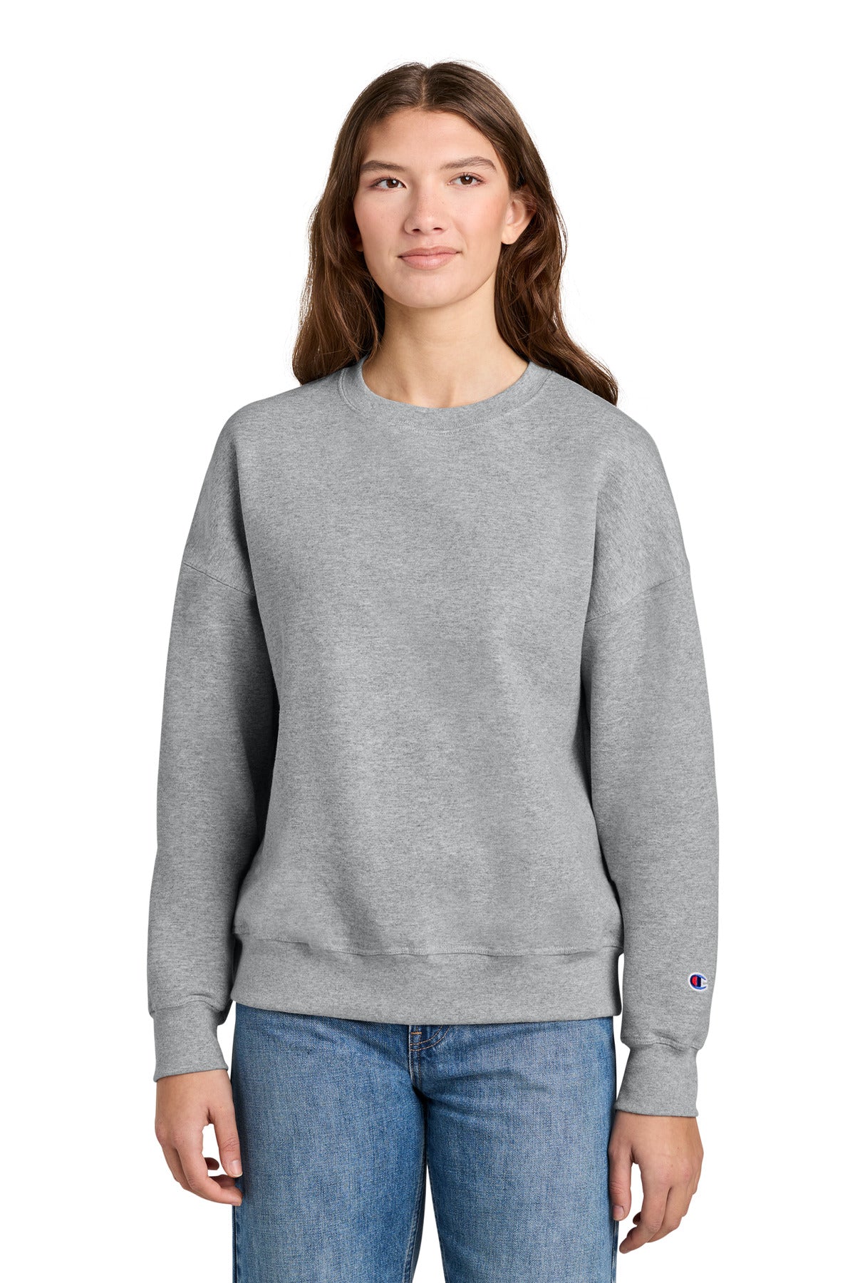 Custom Light Steel Women's Powerblend Crewneck SL650, personalized by SanCanDo Swag in Argyle, TX