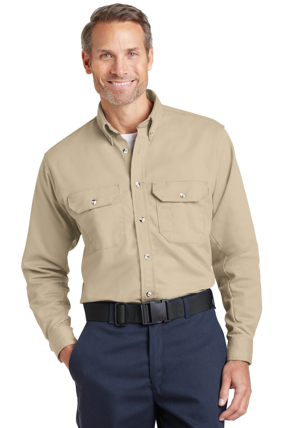 Custom Khaki EXCEL FR ComforTouch Dress Uniform Shirt SLU2, personalized by SanCanDo Swag in Argyle, TX