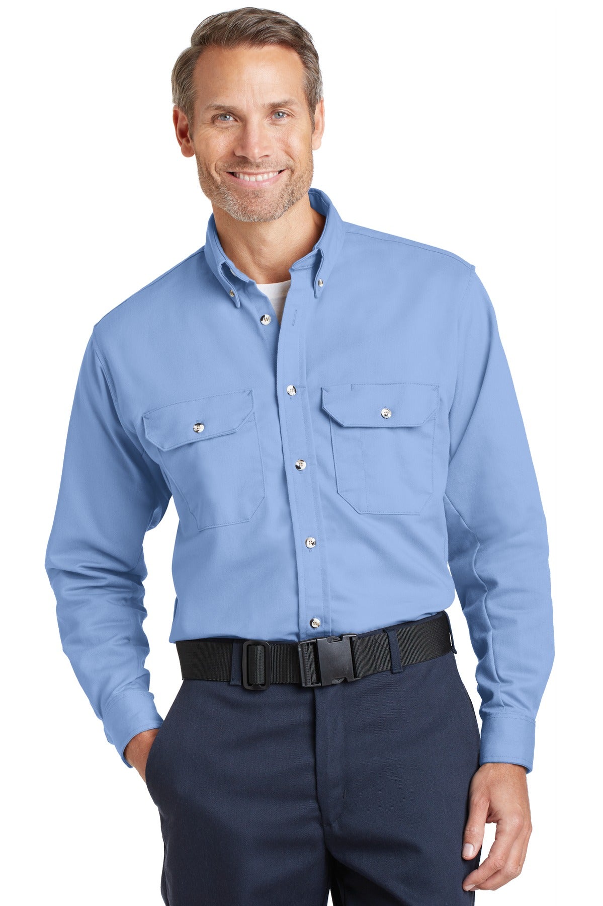 Custom Light Blue EXCEL FR ComforTouch Dress Uniform Shirt SLU2, personalized by SanCanDo Swag in Argyle, TX