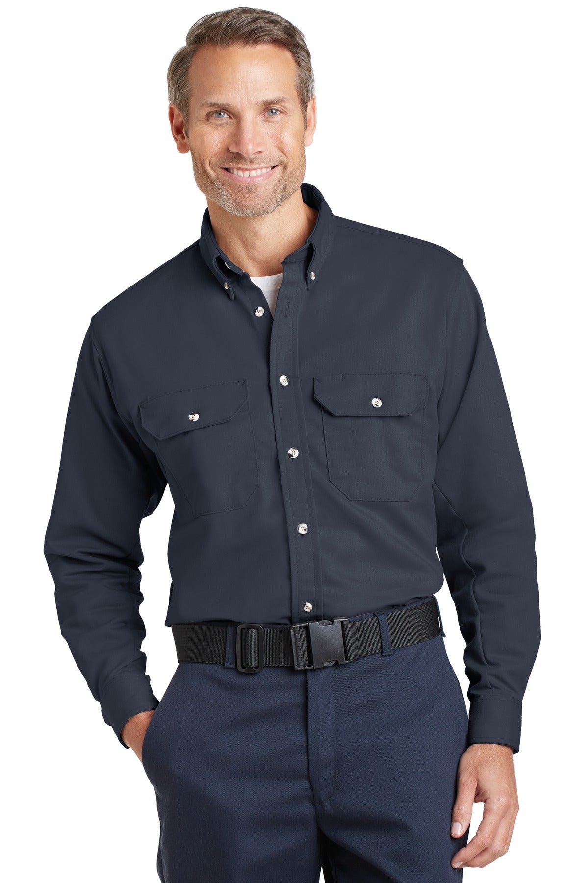 Custom Navy EXCEL FR ComforTouch Dress Uniform Shirt SLU2, personalized by SanCanDo Swag in Argyle, TX