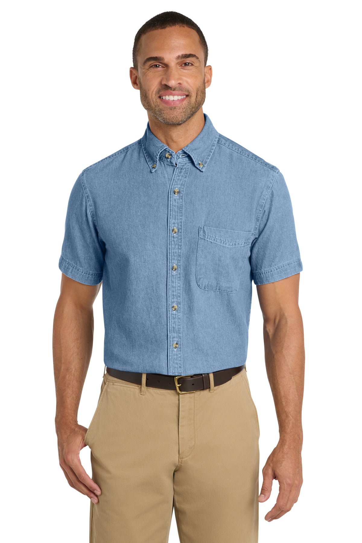 Custom Faded Blue Short Sleeve Value Denim Shirt SP11, personalized by SanCanDo Swag in Argyle, TX