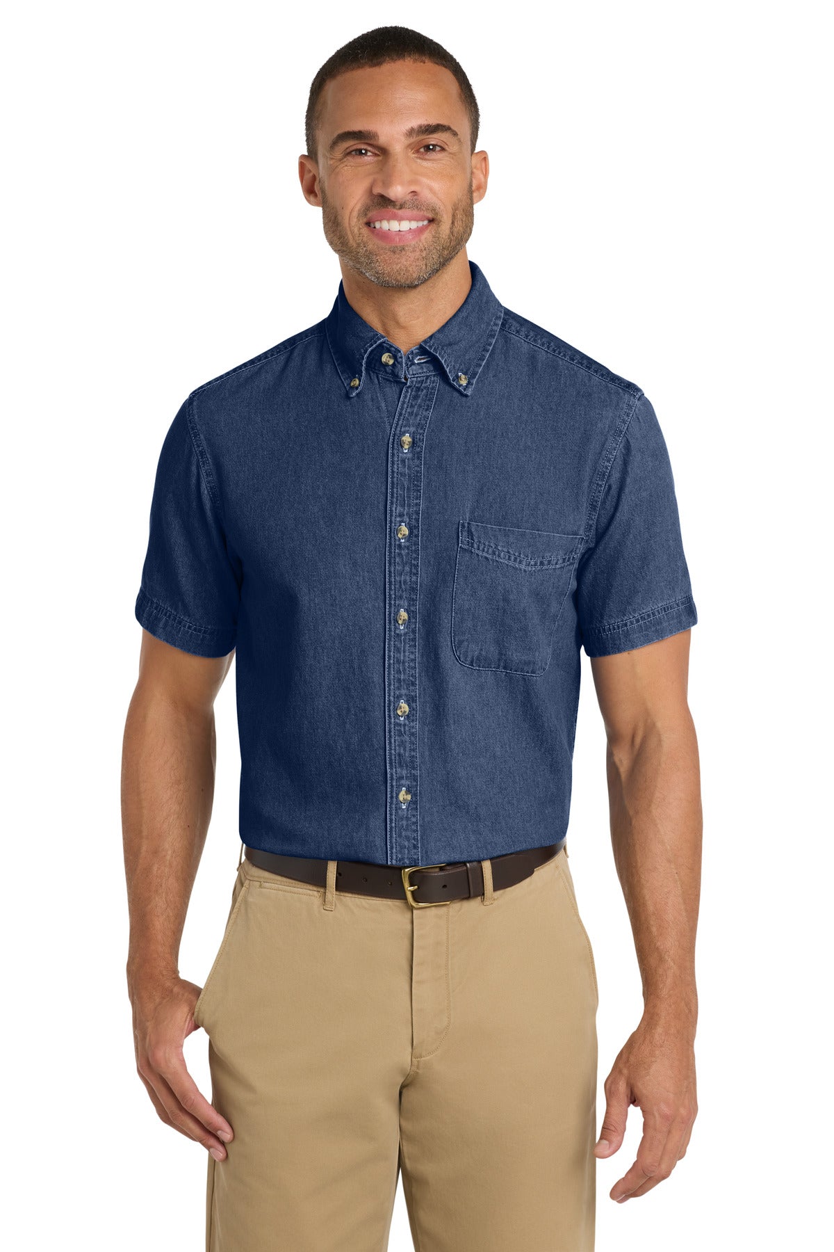 Custom Ink Blue Short Sleeve Value Denim Shirt SP11, personalized by SanCanDo Swag in Argyle, TX