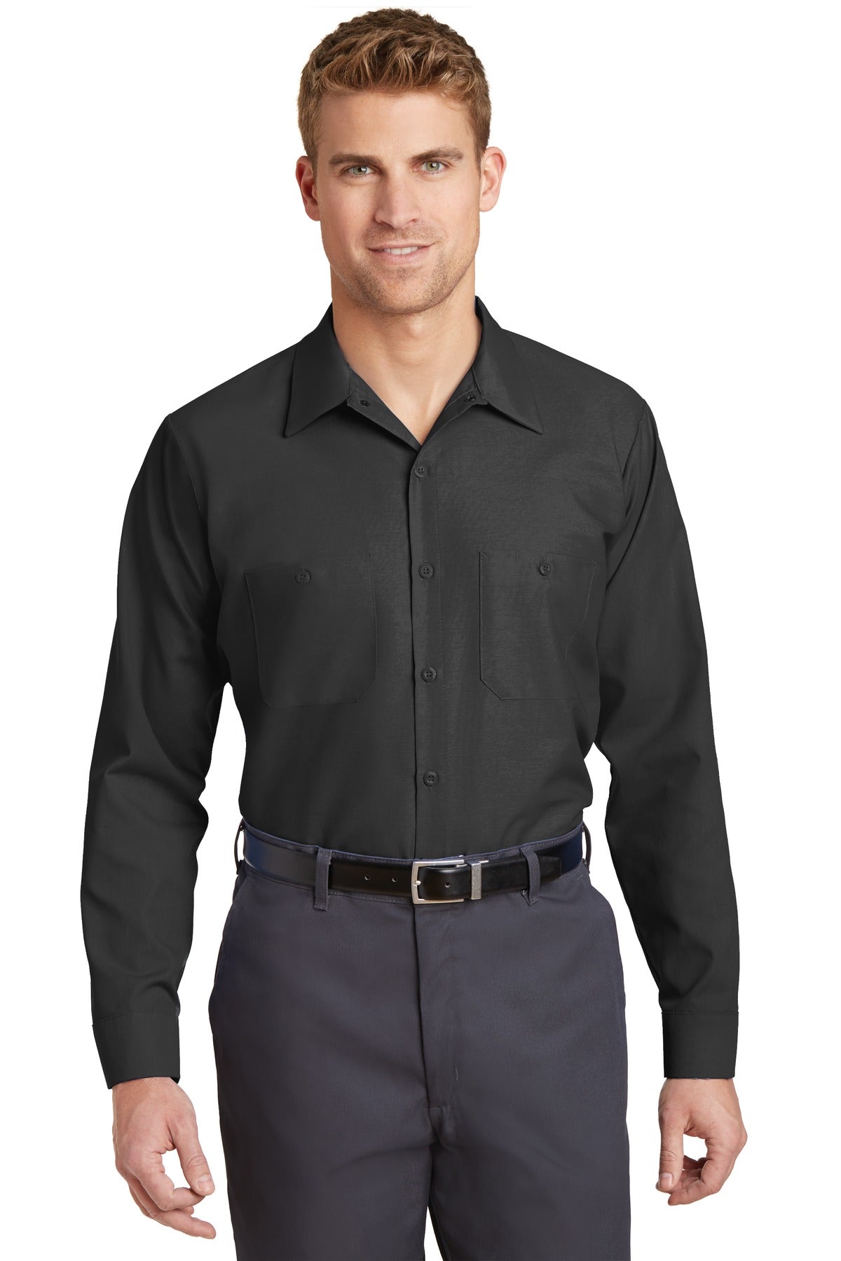 Custom Charcoal Long Sleeve Industrial Work Shirt SP14, personalized by SanCanDo Swag in Argyle, TX