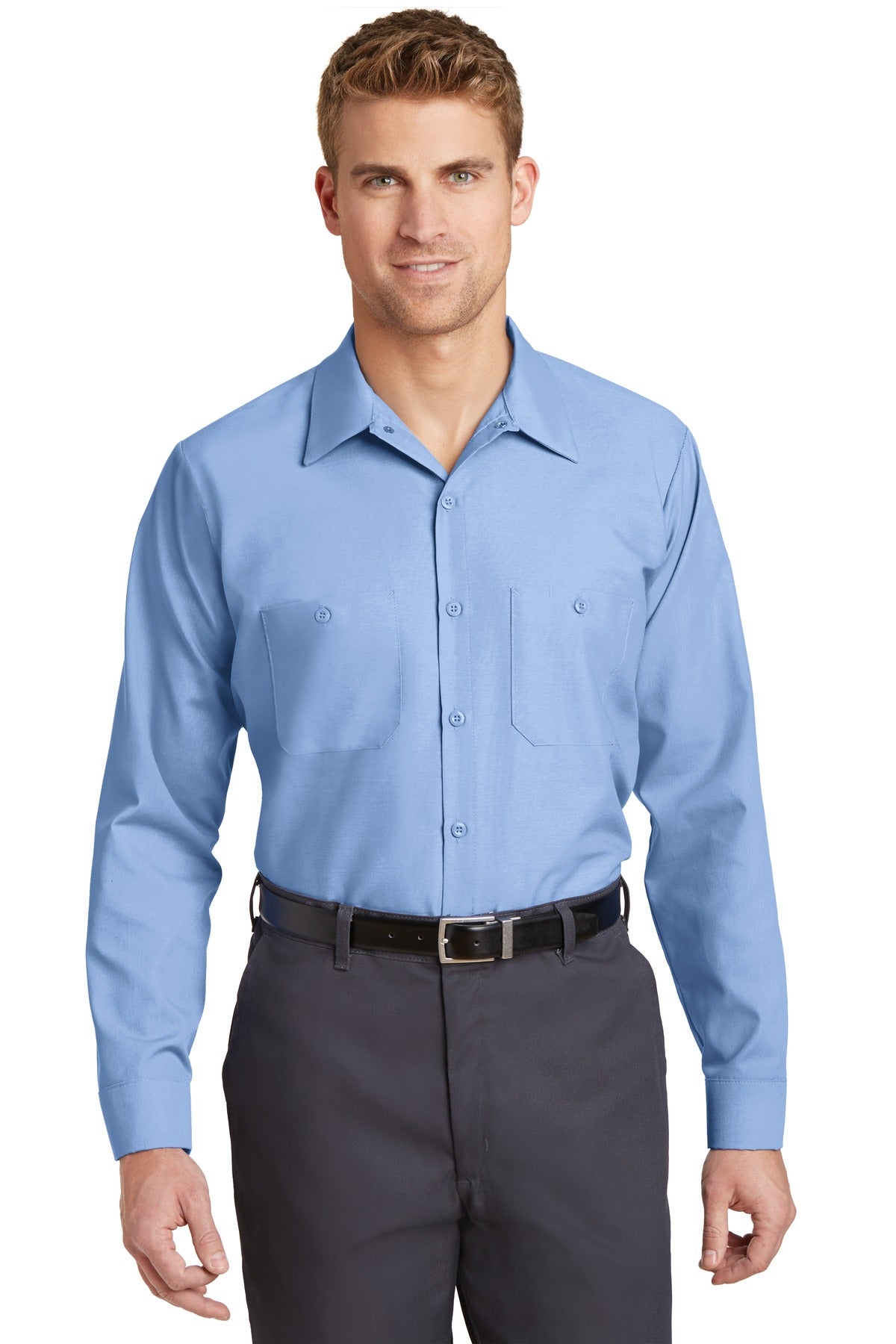 Custom Light Blue Long Sleeve Industrial Work Shirt SP14, personalized by SanCanDo Swag in Argyle, TX