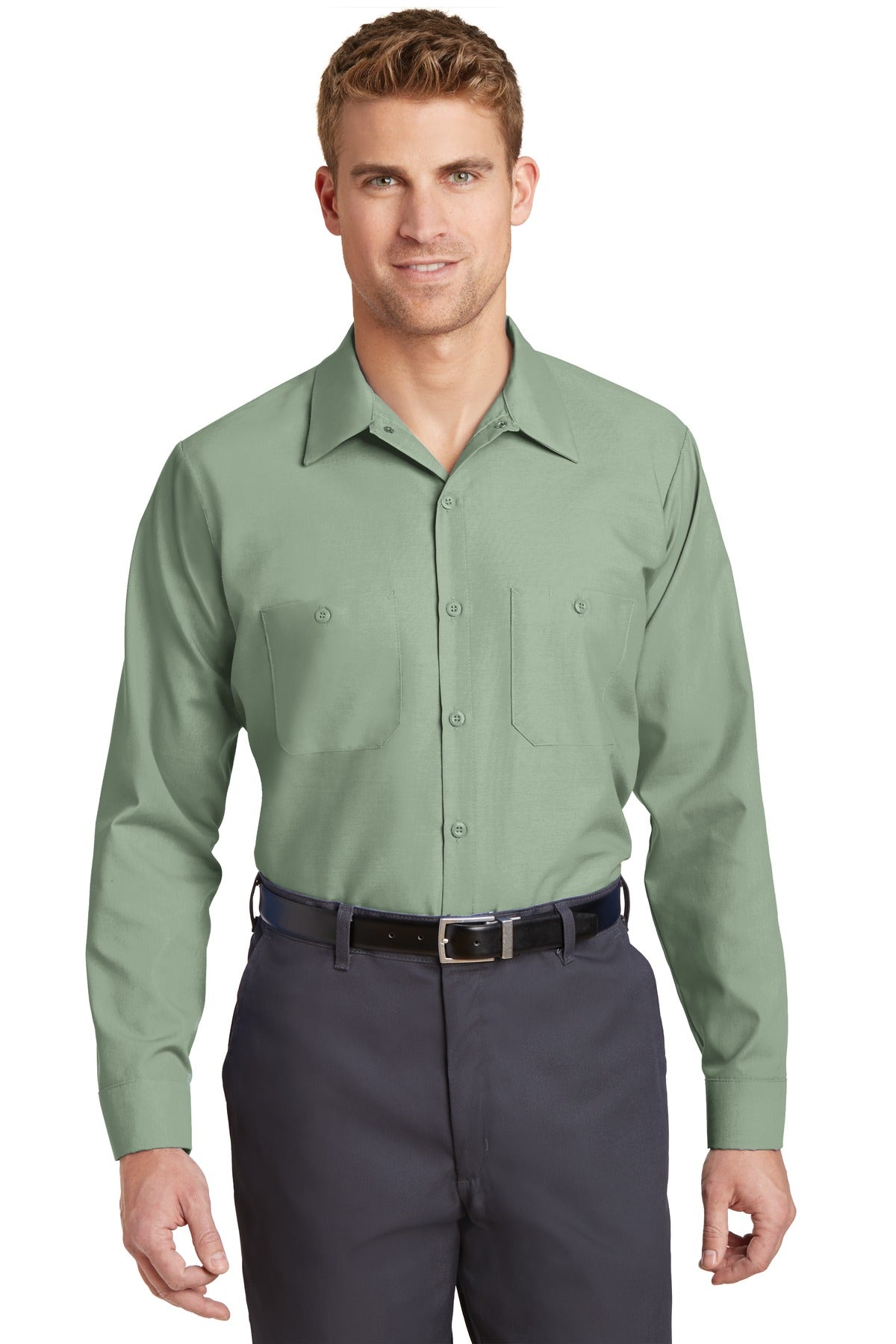 Custom Light Green Long Sleeve Industrial Work Shirt SP14, personalized by SanCanDo Swag in Argyle, TX