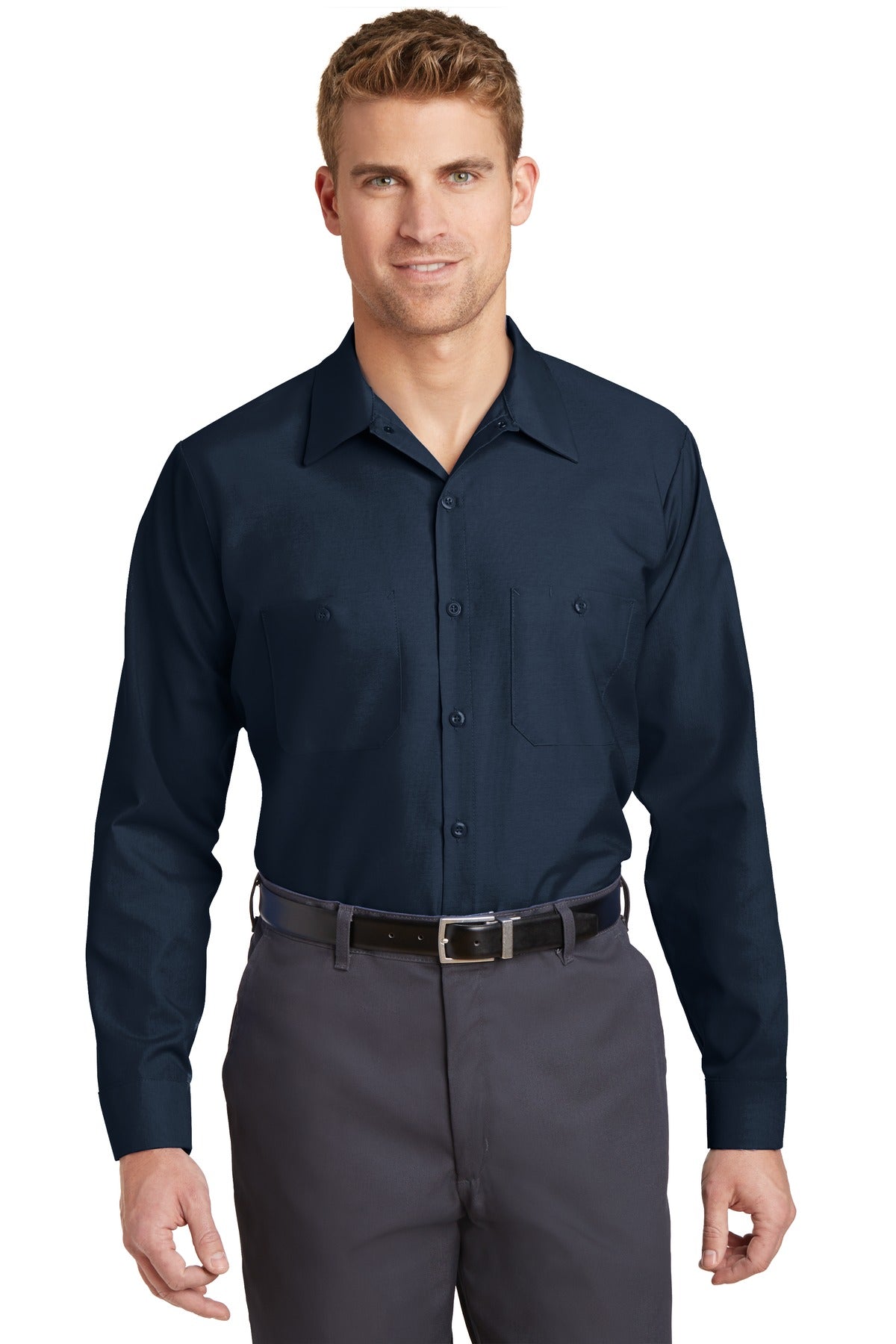 Custom Navy Long Sleeve Industrial Work Shirt SP14, personalized by SanCanDo Swag in Argyle, TX