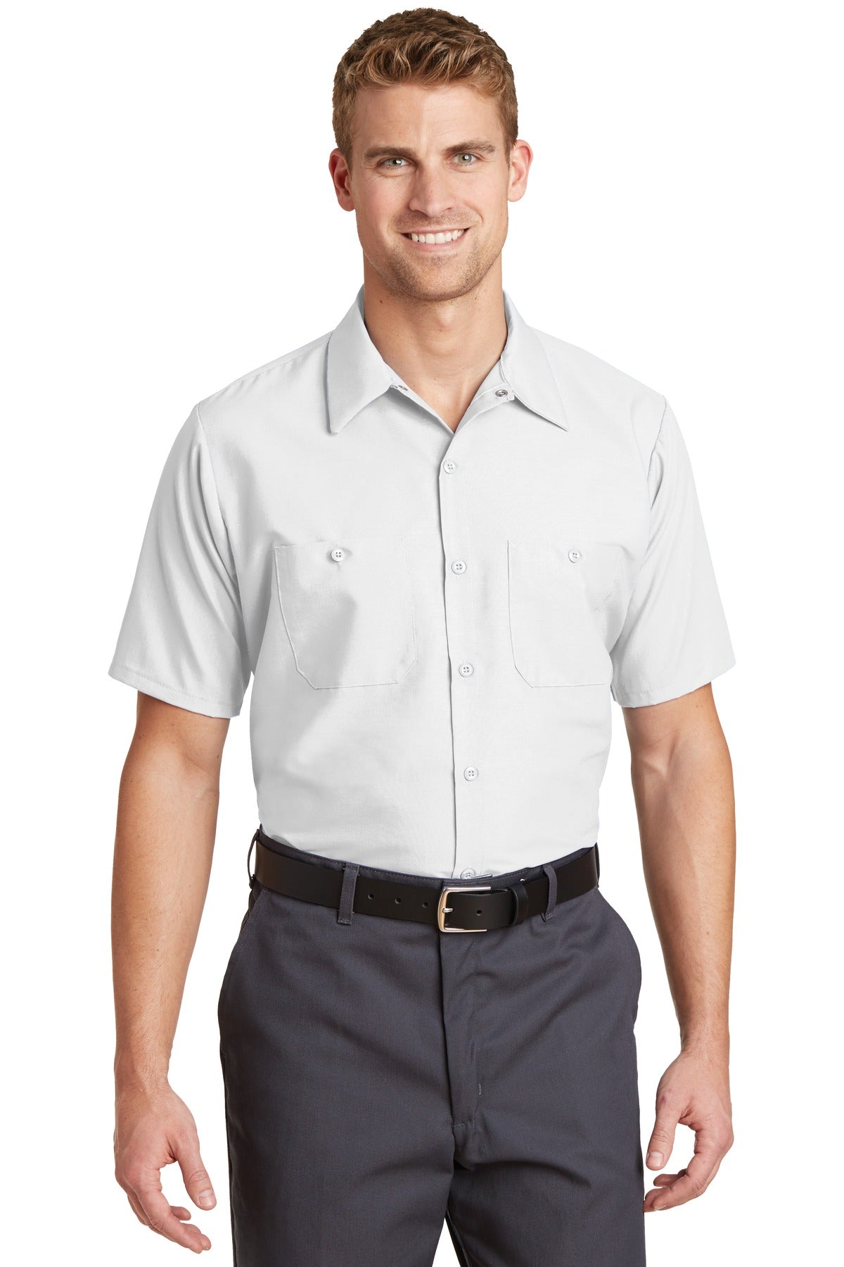 Custom White Short Sleeve Industrial Work Shirt SP24, personalized by SanCanDo Swag in Argyle, TX