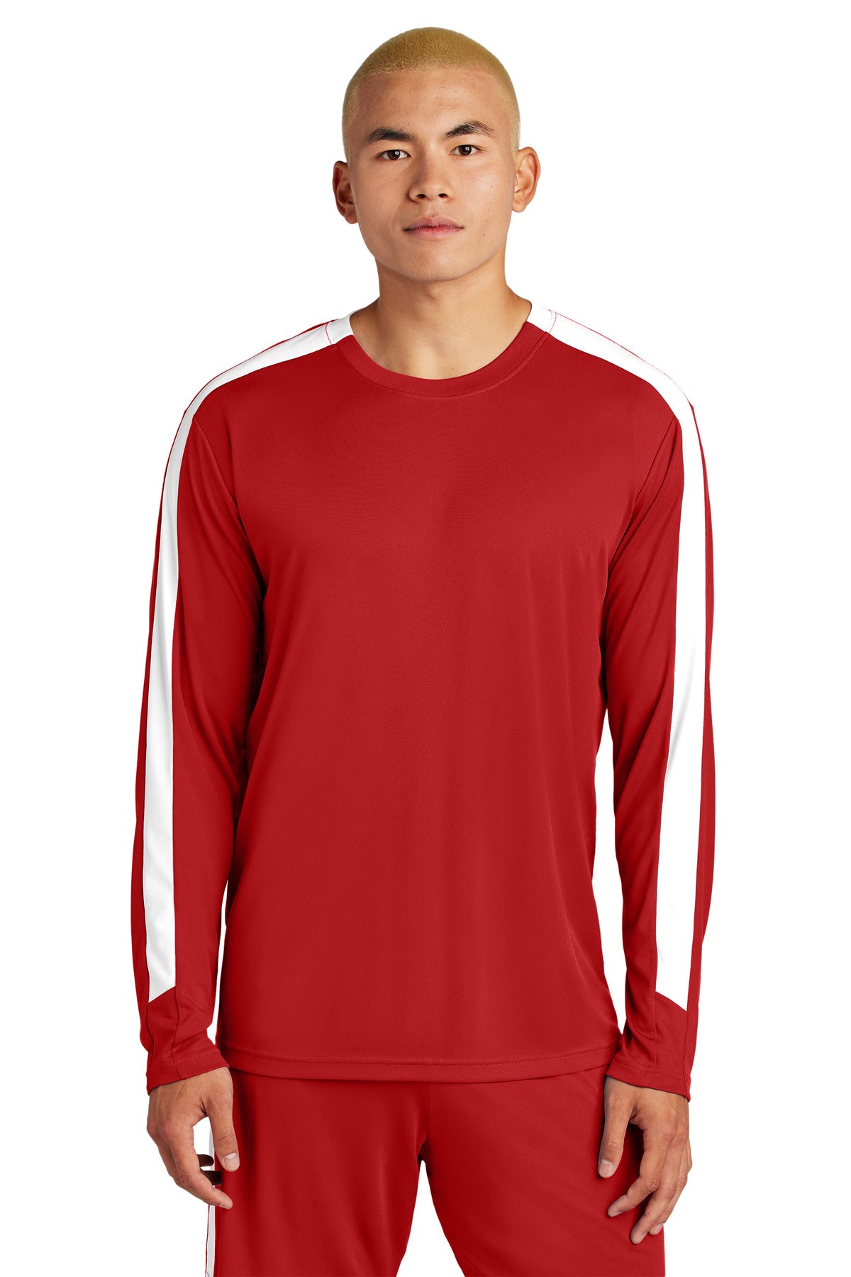 Custom Deep Red/ White Competitor United Long Sleeve Crew ST100LS, personalized by SanCanDo Swag in Argyle, TX