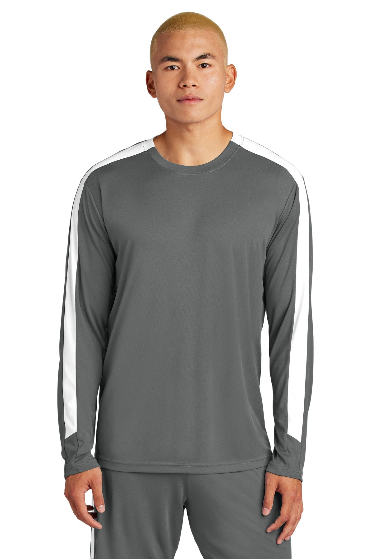 Custom Iron Grey/ White Competitor United Long Sleeve Crew ST100LS, personalized by SanCanDo Swag in Argyle, TX