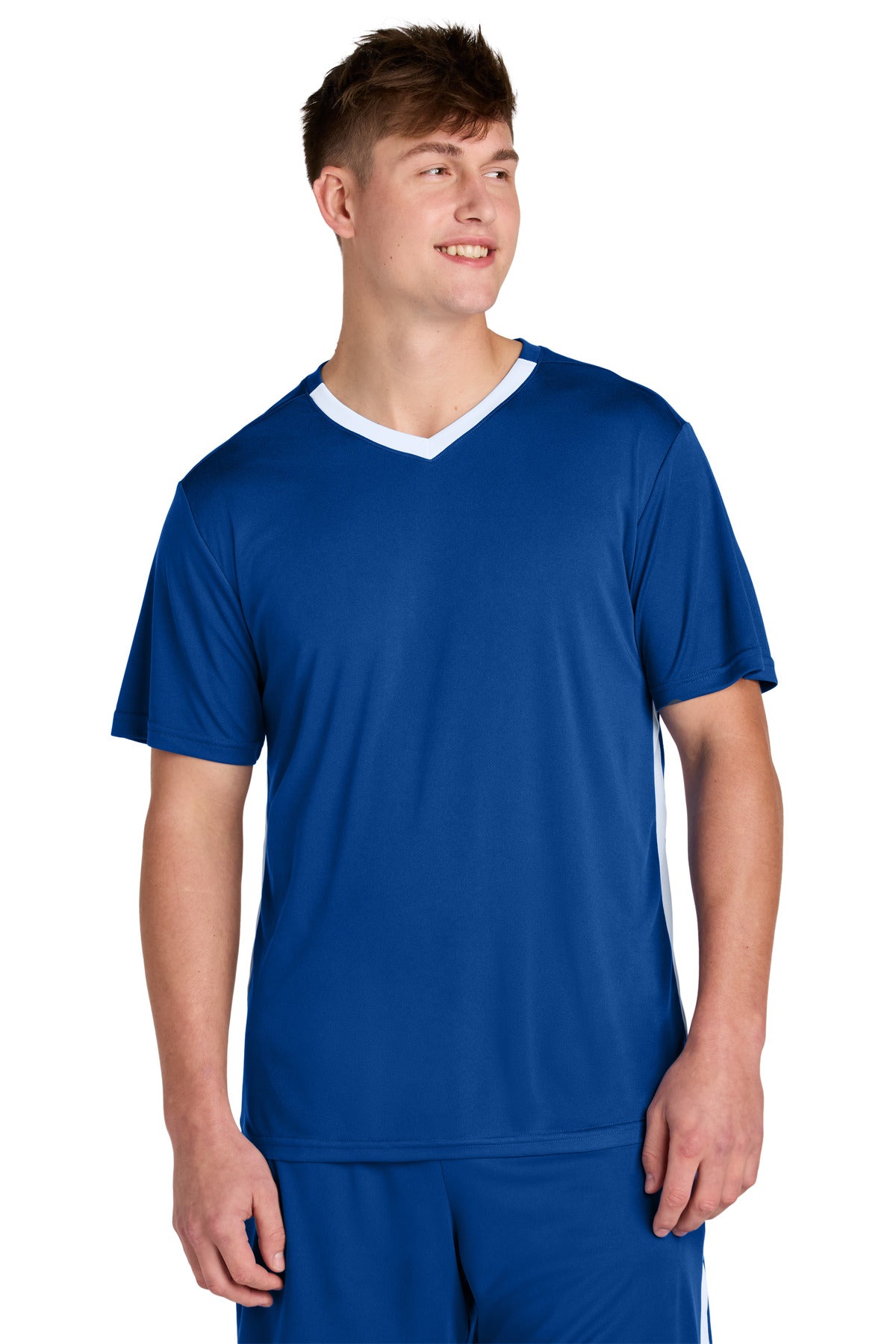 Custom True Royal/ White Competitor United V-Neck ST101, personalized by SanCanDo Swag in Argyle, TX