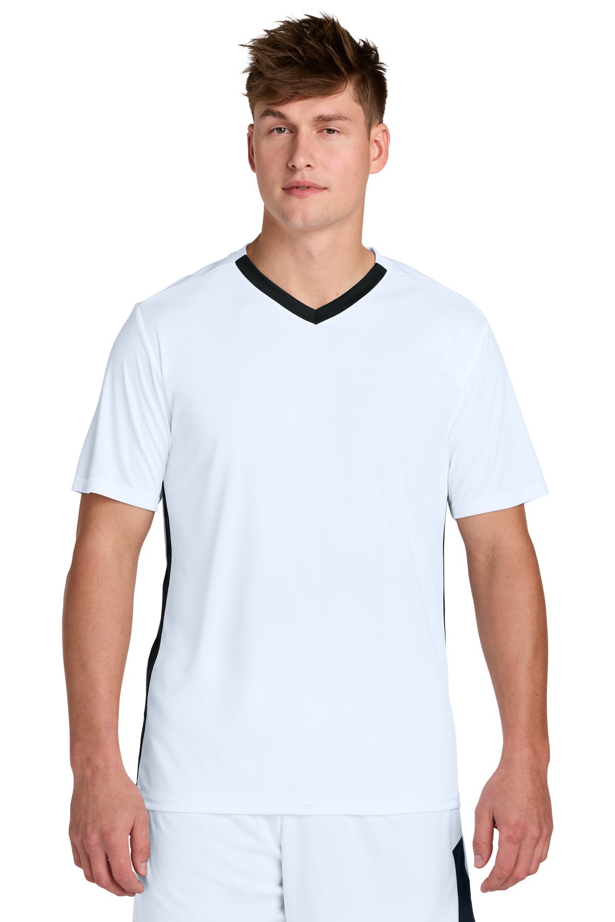 Custom White/ Black Competitor United V-Neck ST101, personalized by SanCanDo Swag in Argyle, TX