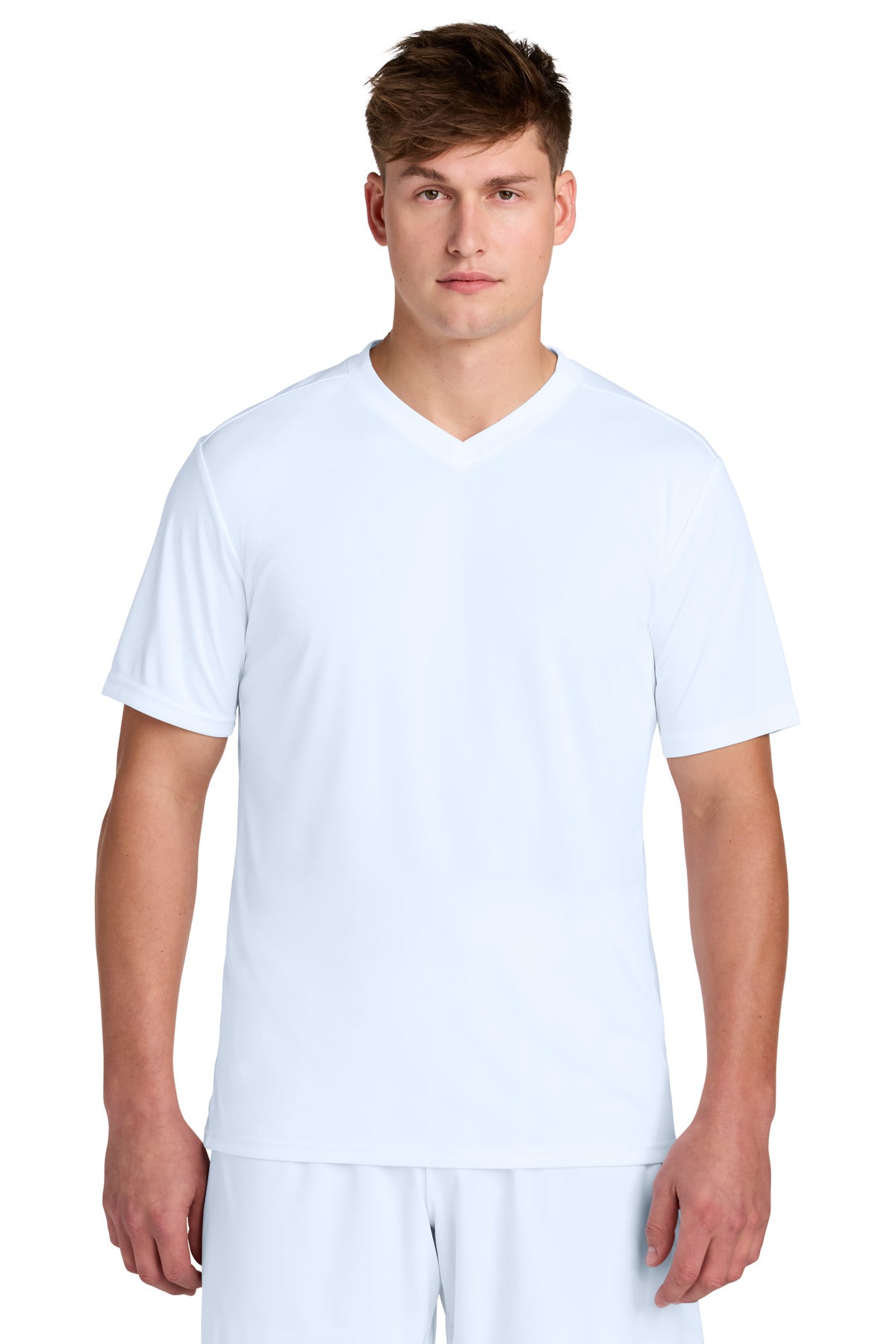Custom White/ White Competitor United V-Neck ST101, personalized by SanCanDo Swag in Argyle, TX