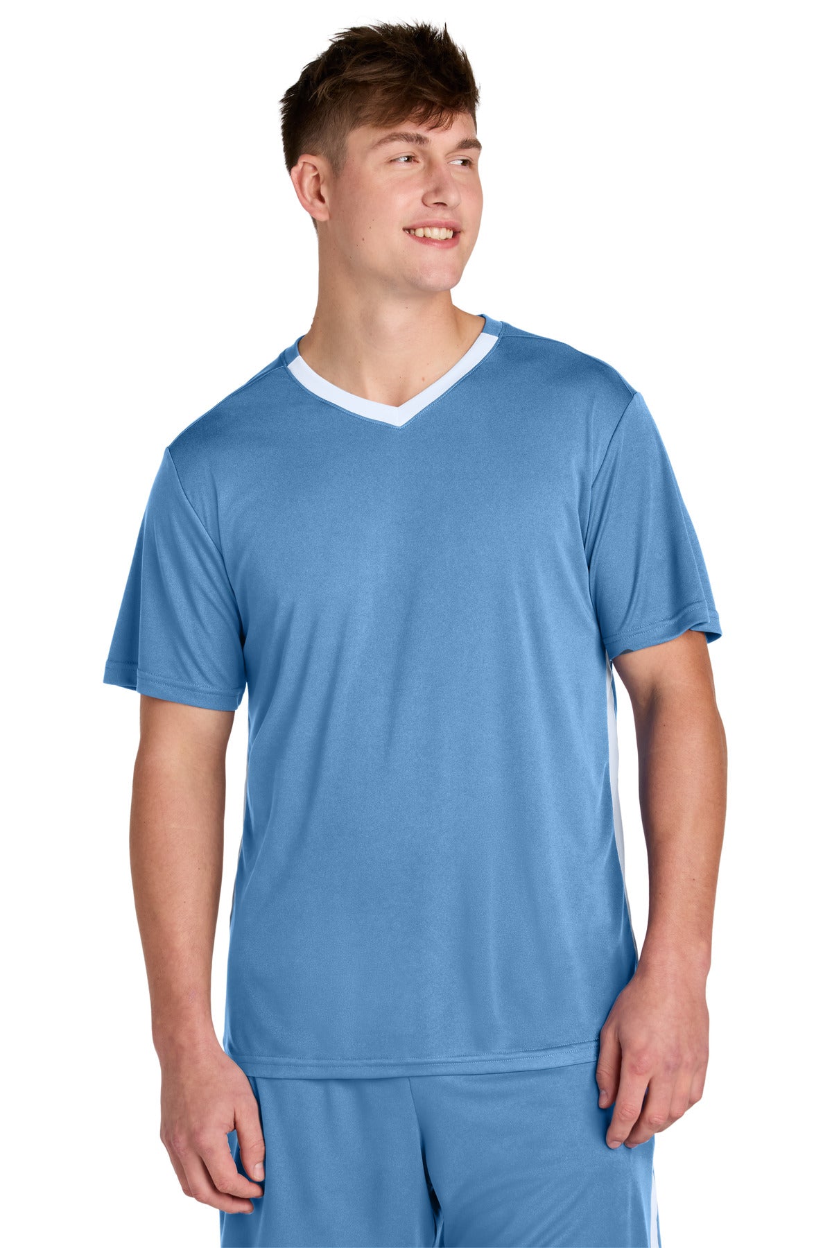 Custom Carolina Blue/ White Competitor United V-Neck ST101, personalized by SanCanDo Swag in Argyle, TX