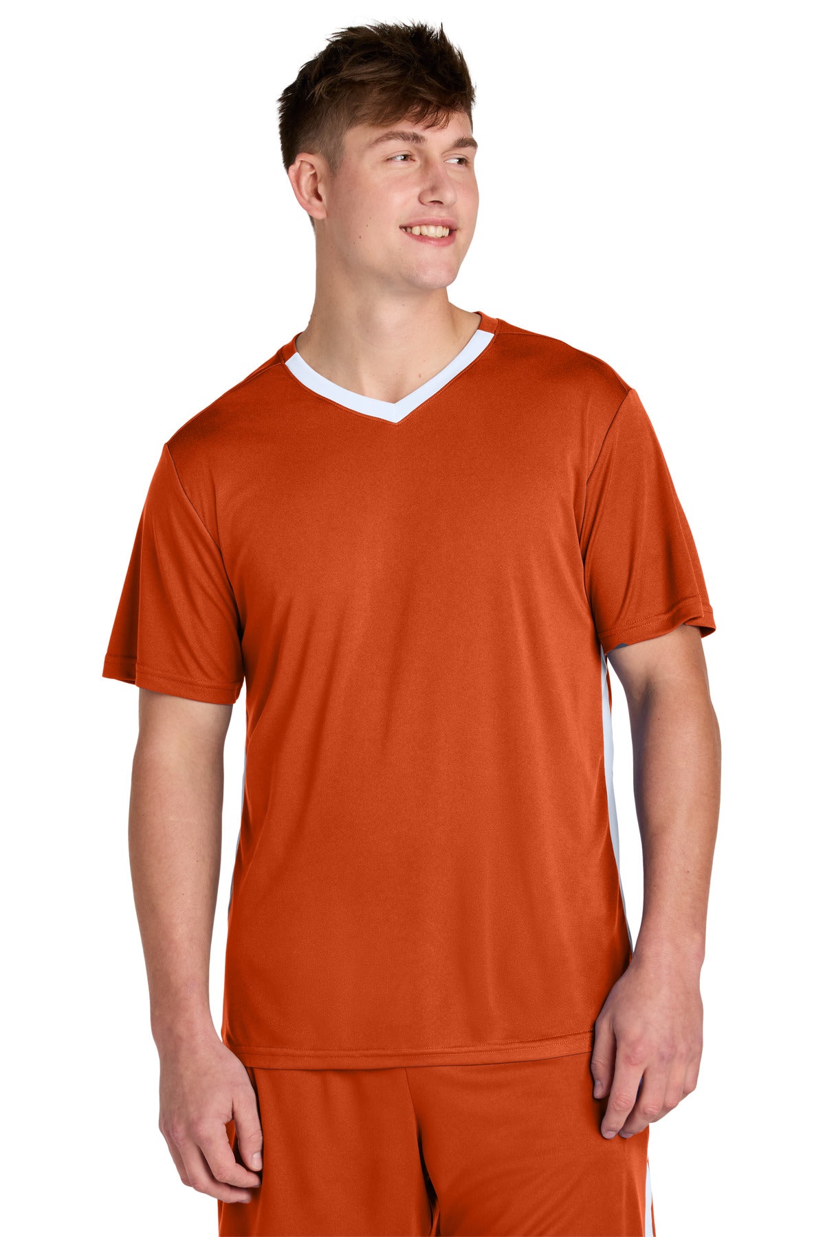 Custom Deep Orange/ White Competitor United V-Neck ST101, personalized by SanCanDo Swag in Argyle, TX