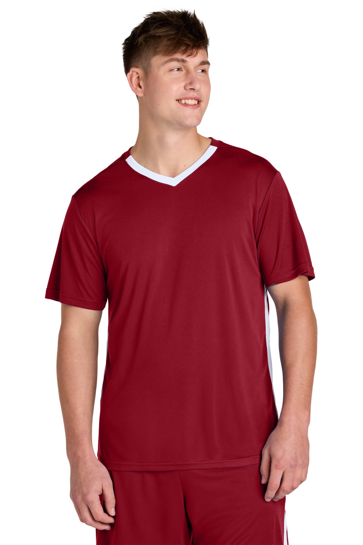 Custom Deep Red/ White Competitor United V-Neck ST101, personalized by SanCanDo Swag in Argyle, TX