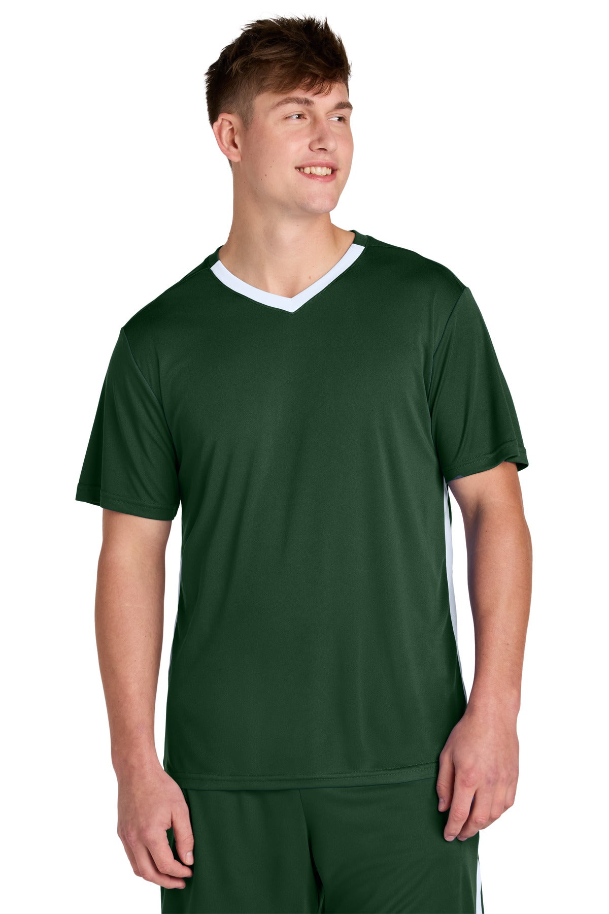 Custom Forest Green/ White Competitor United V-Neck ST101, personalized by SanCanDo Swag in Argyle, TX
