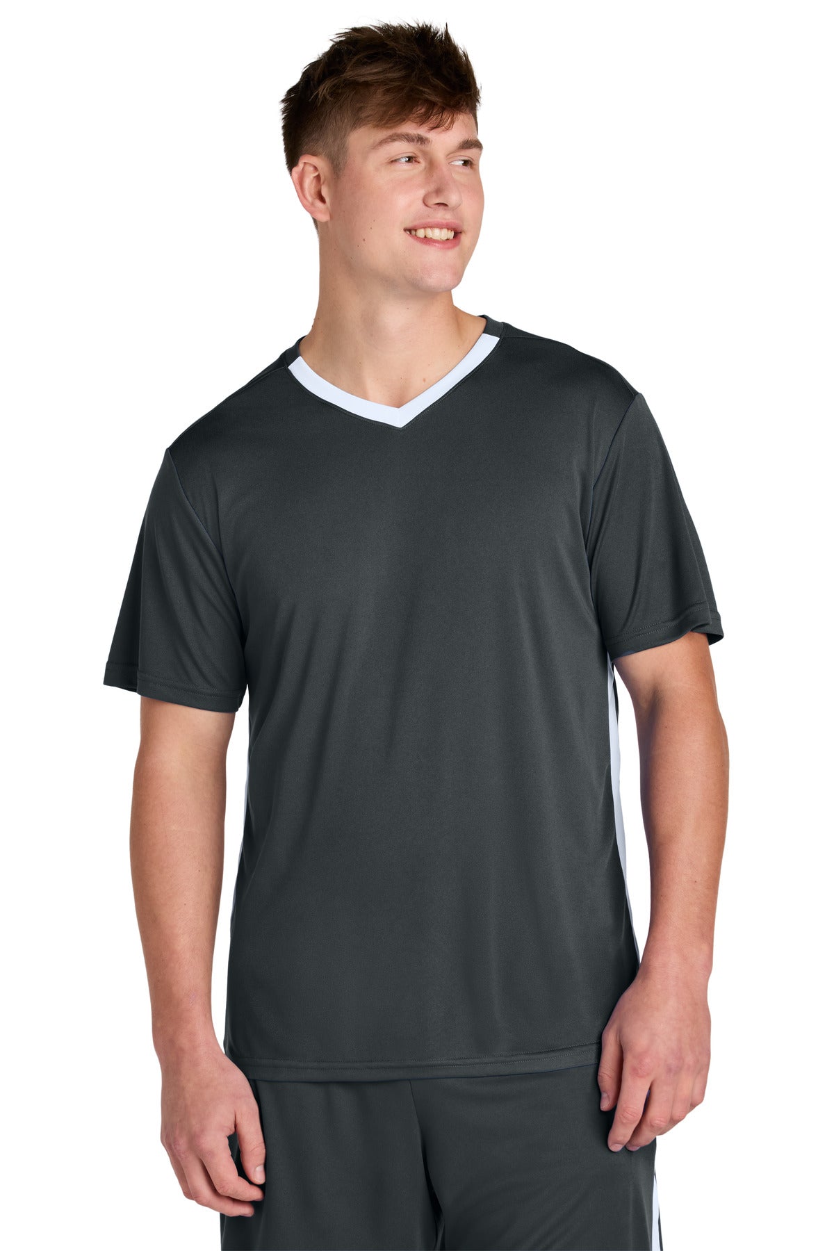 Custom Iron Grey/ White Competitor United V-Neck ST101, personalized by SanCanDo Swag in Argyle, TX