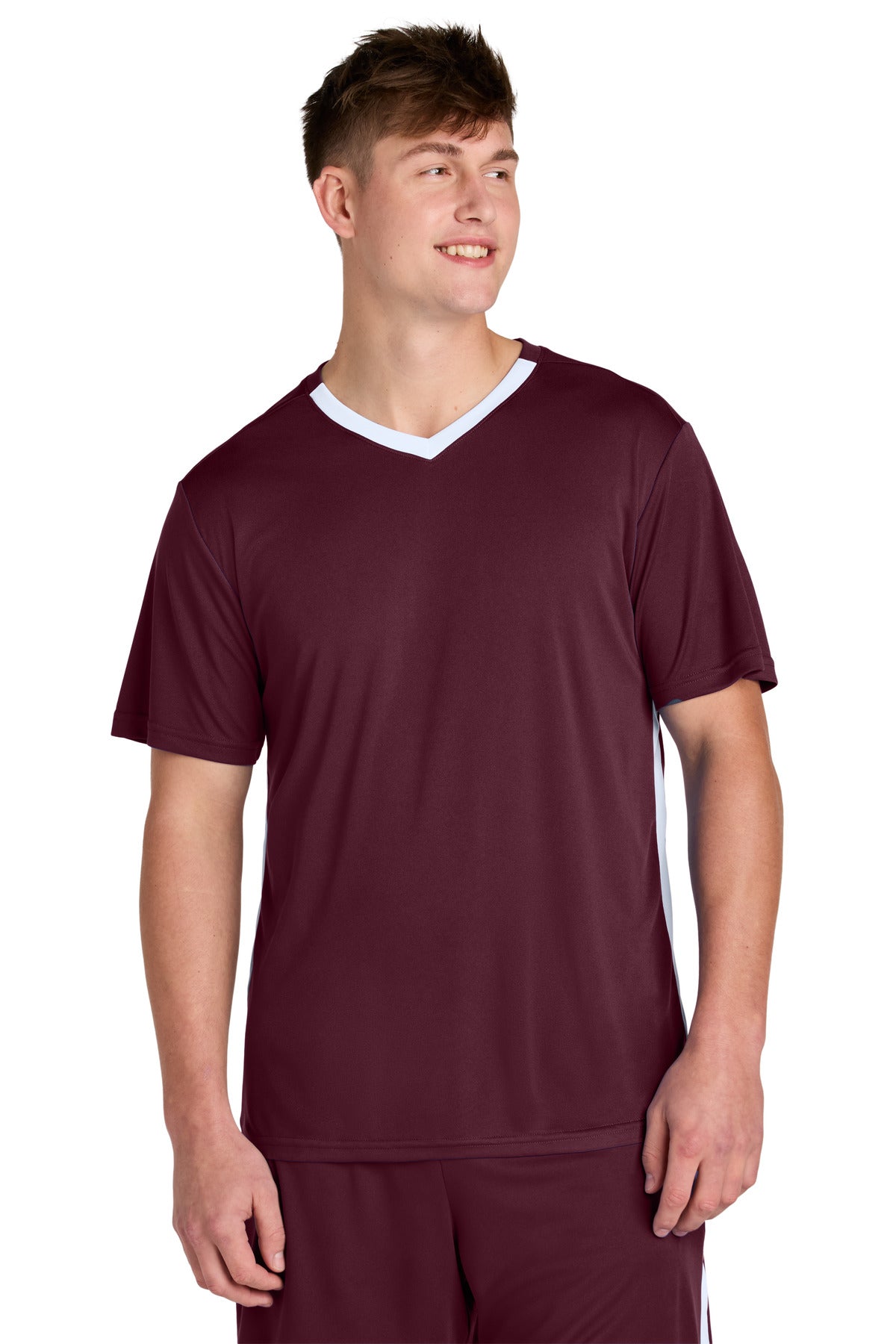 Custom Maroon/ White Competitor United V-Neck ST101, personalized by SanCanDo Swag in Argyle, TX
