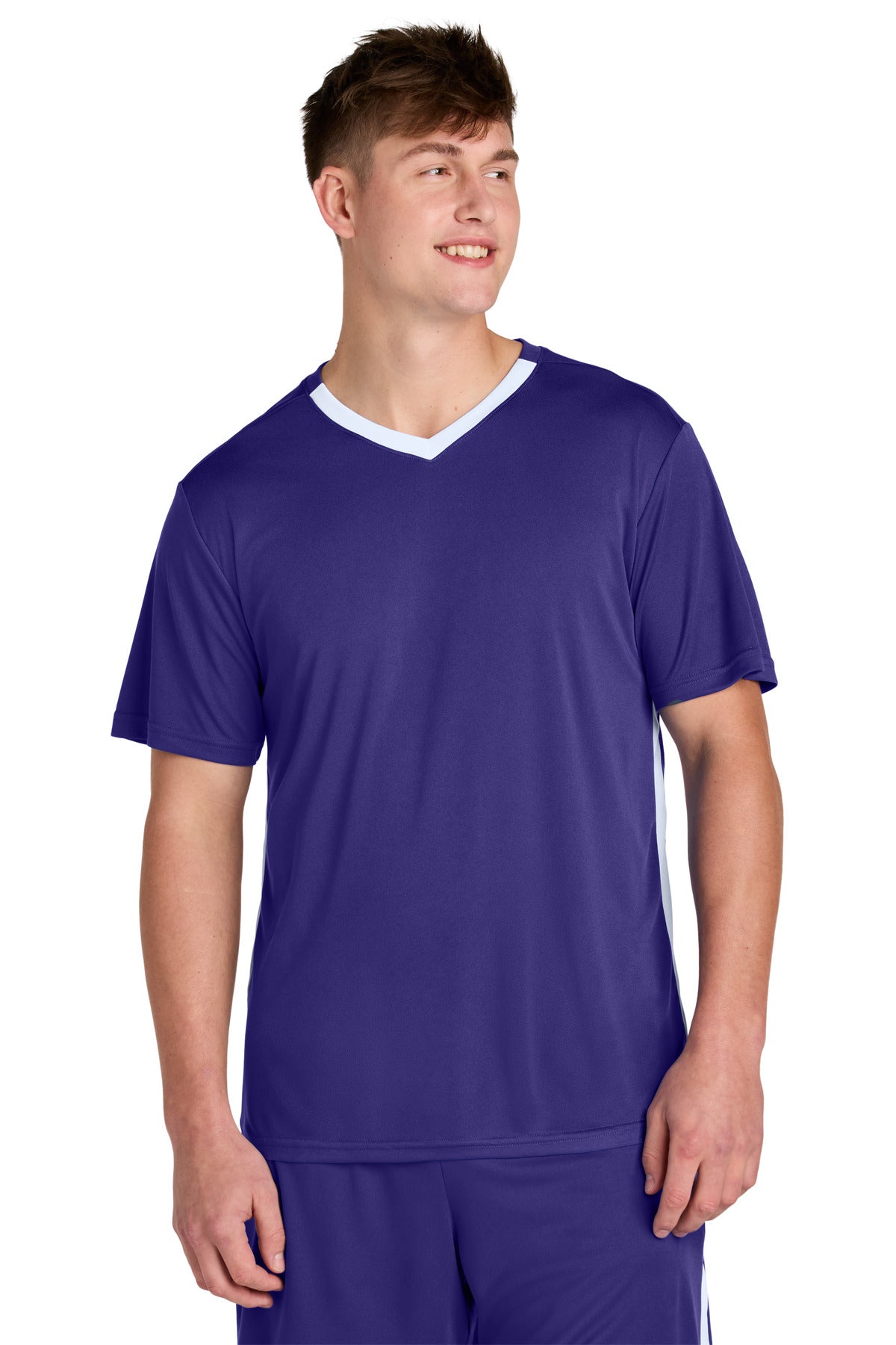 Custom Purple/ White Competitor United V-Neck ST101, personalized by SanCanDo Swag in Argyle, TX