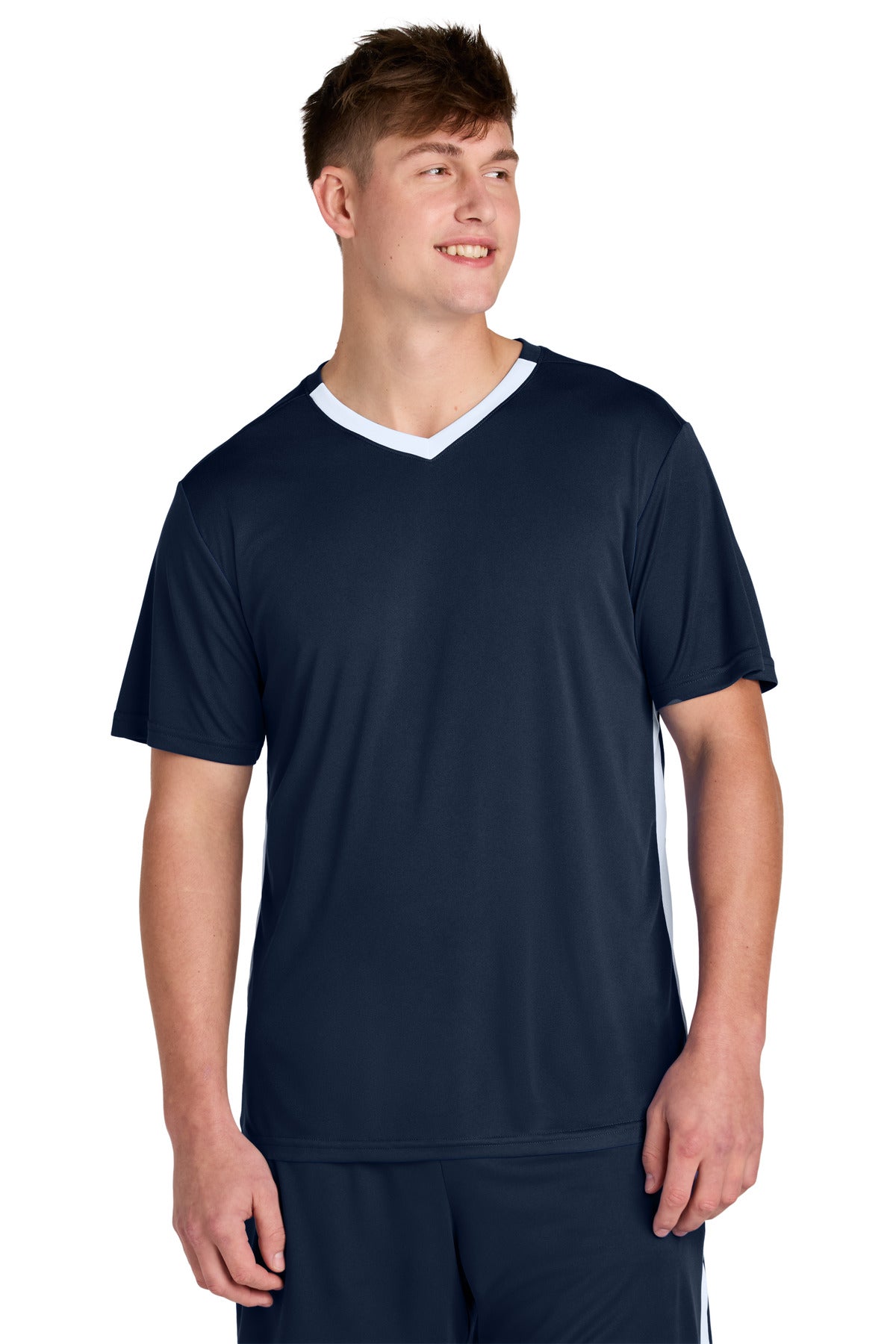 Custom True Navy/ White Competitor United V-Neck ST101, personalized by SanCanDo Swag in Argyle, TX