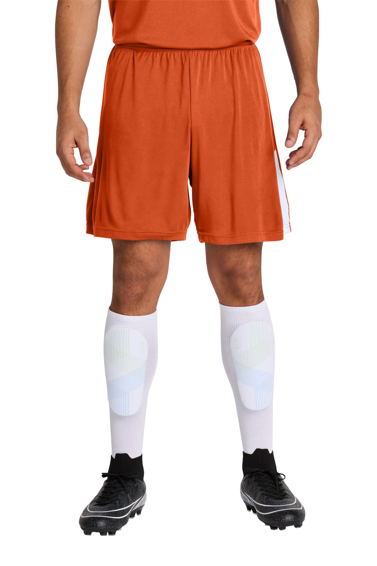 Custom Deep Orange/ White Competitor United 7" Short ST103, personalized by SanCanDo Swag in Argyle, TX