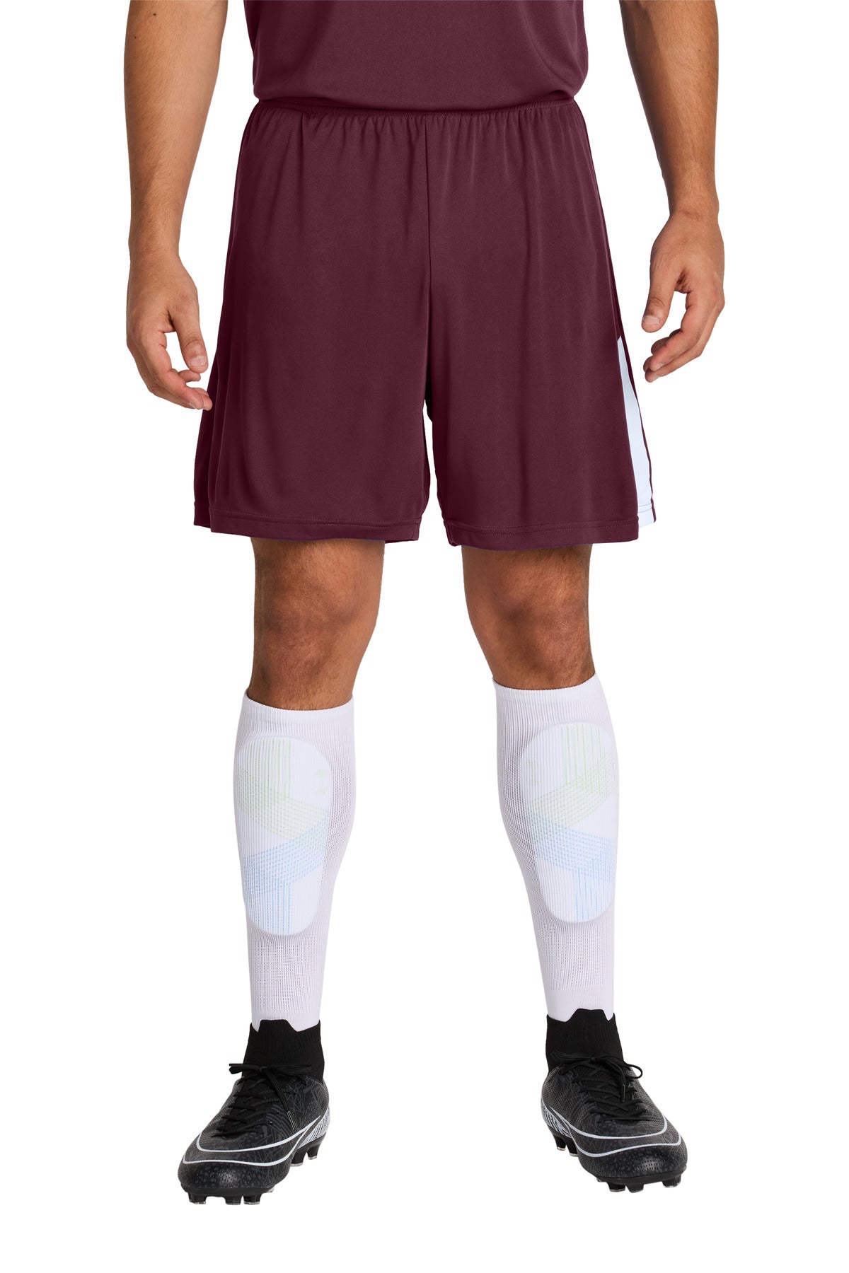 Custom Maroon/ White Competitor United 7" Short ST103, personalized by SanCanDo Swag in Argyle, TX