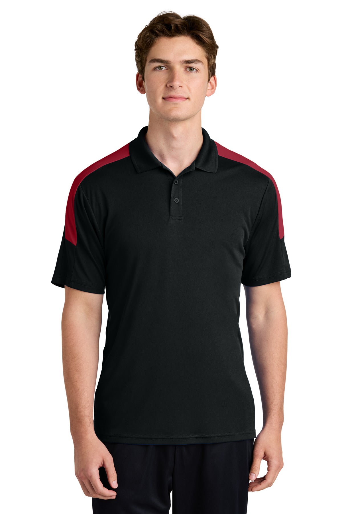 Custom Black/ Deep Red Competitor United Polo ST104, personalized by SanCanDo Swag in Argyle, TX