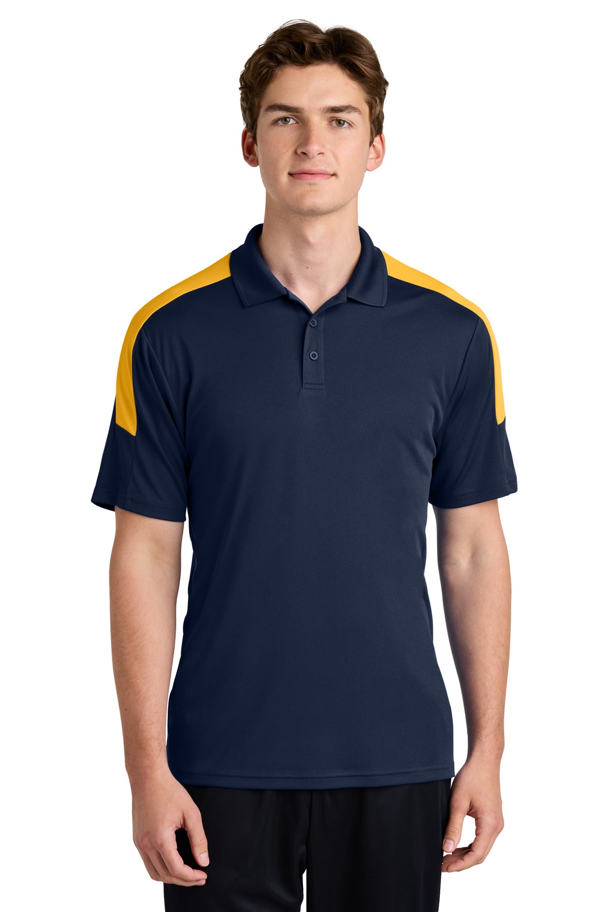 Custom True Navy/ Gold Competitor United Polo ST104, personalized by SanCanDo Swag in Argyle, TX