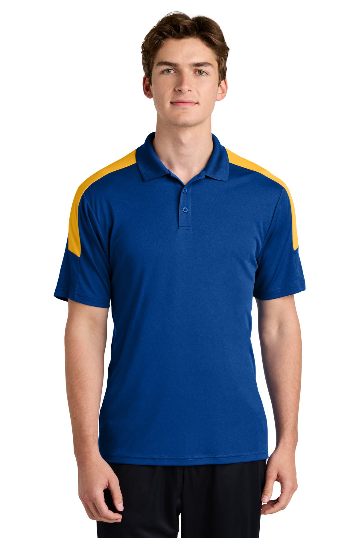 Custom True Royal/ Gold Competitor United Polo ST104, personalized by SanCanDo Swag in Argyle, TX