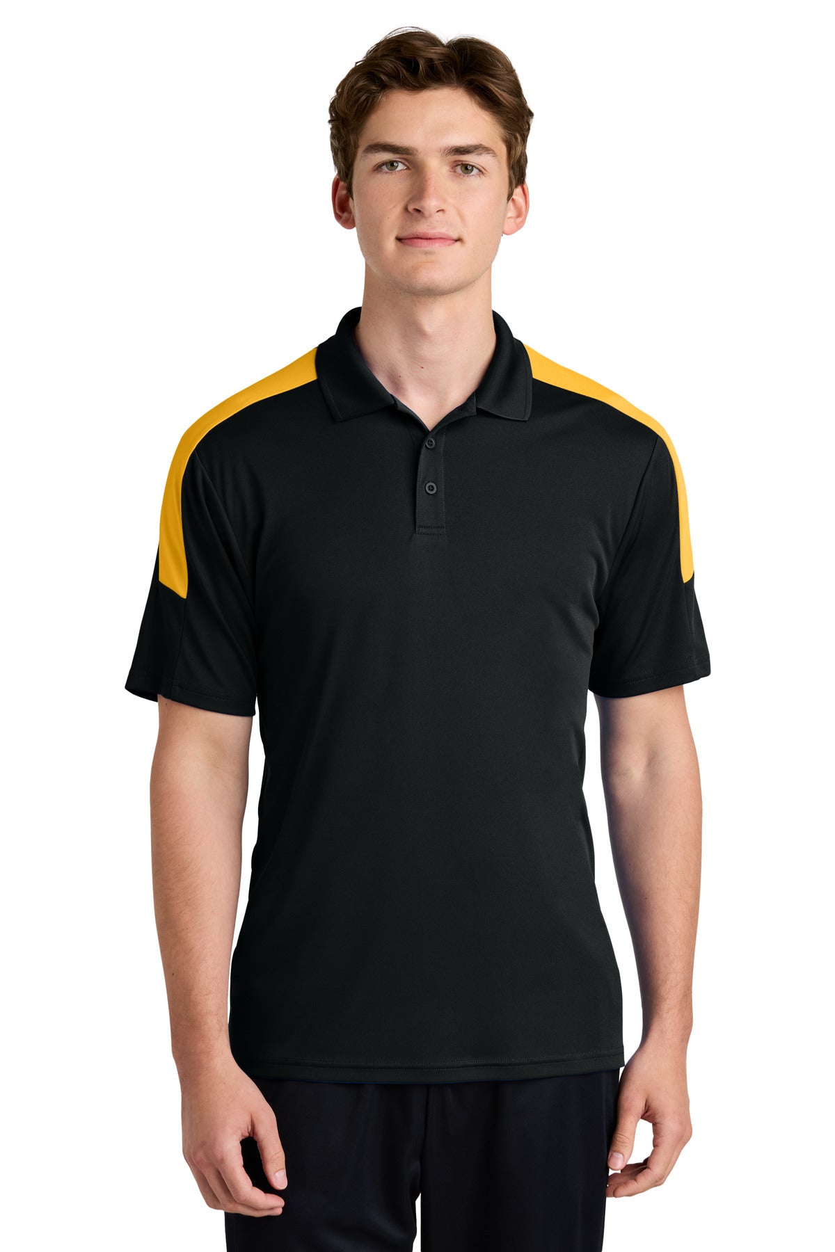 Custom Black/ Gold Competitor United Polo ST104, personalized by SanCanDo Swag in Argyle, TX