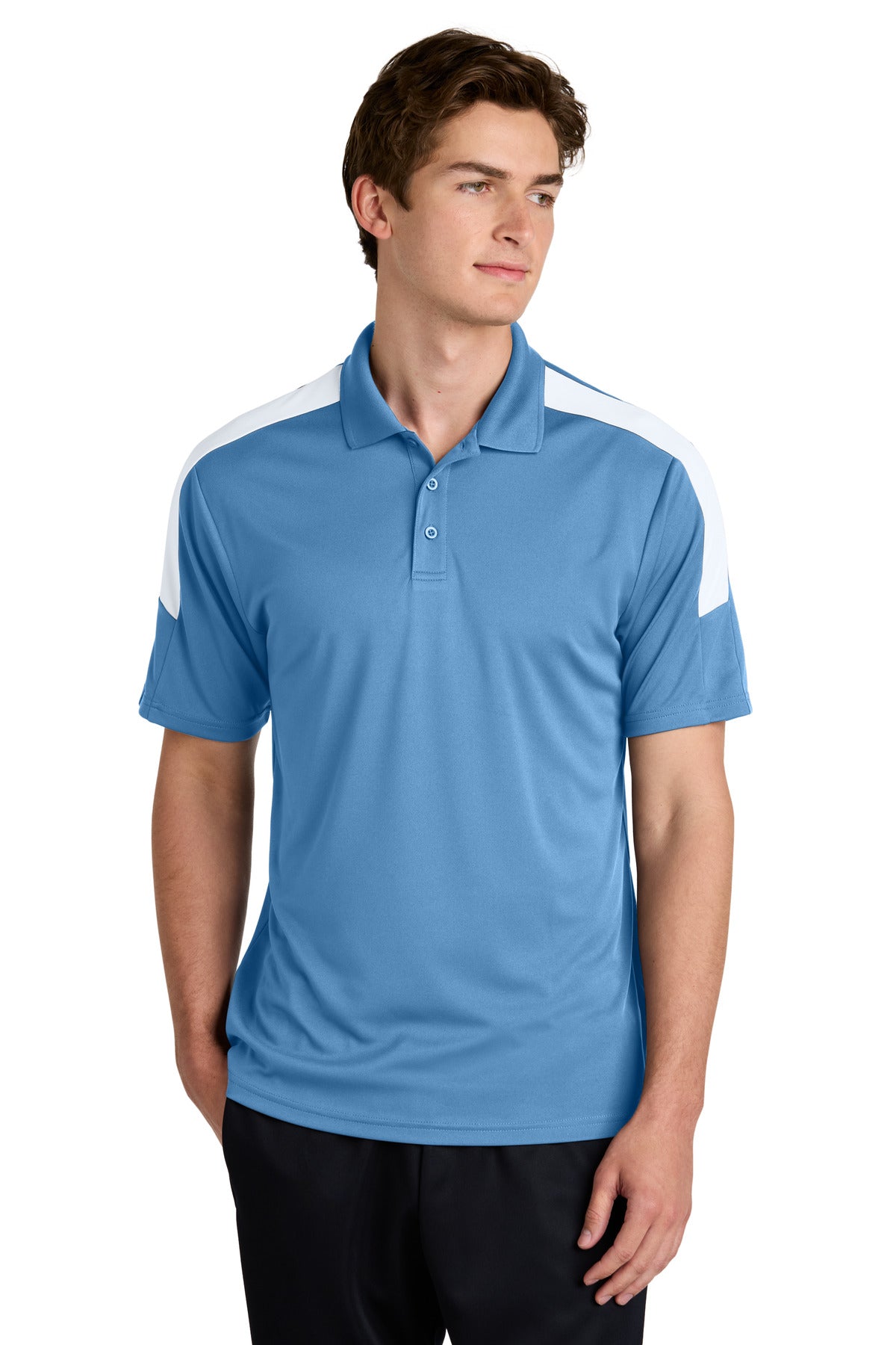 Custom Carolina Blue/ White Competitor United Polo ST104, personalized by SanCanDo Swag in Argyle, TX