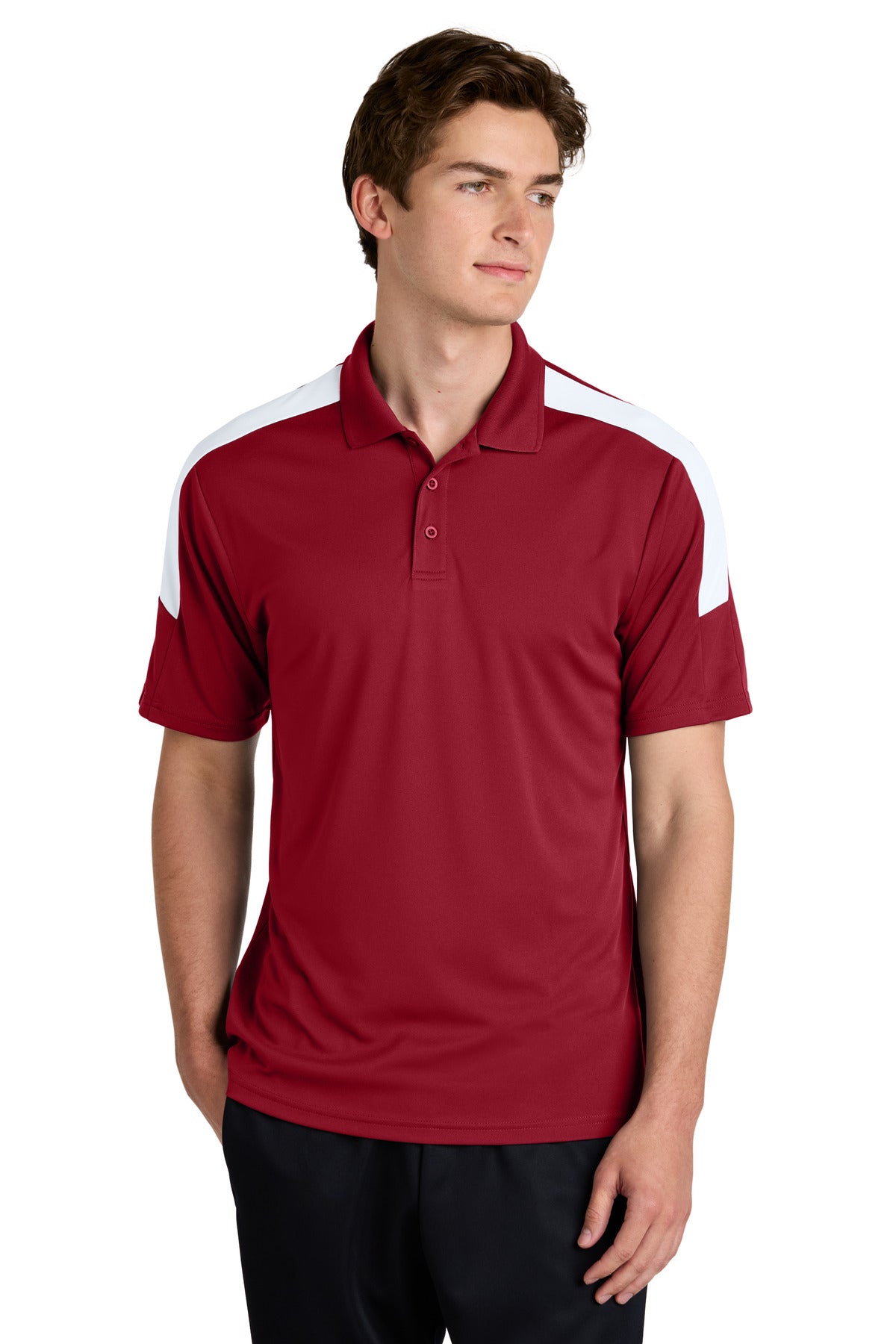 Custom Deep Red/ White Competitor United Polo ST104, personalized by SanCanDo Swag in Argyle, TX