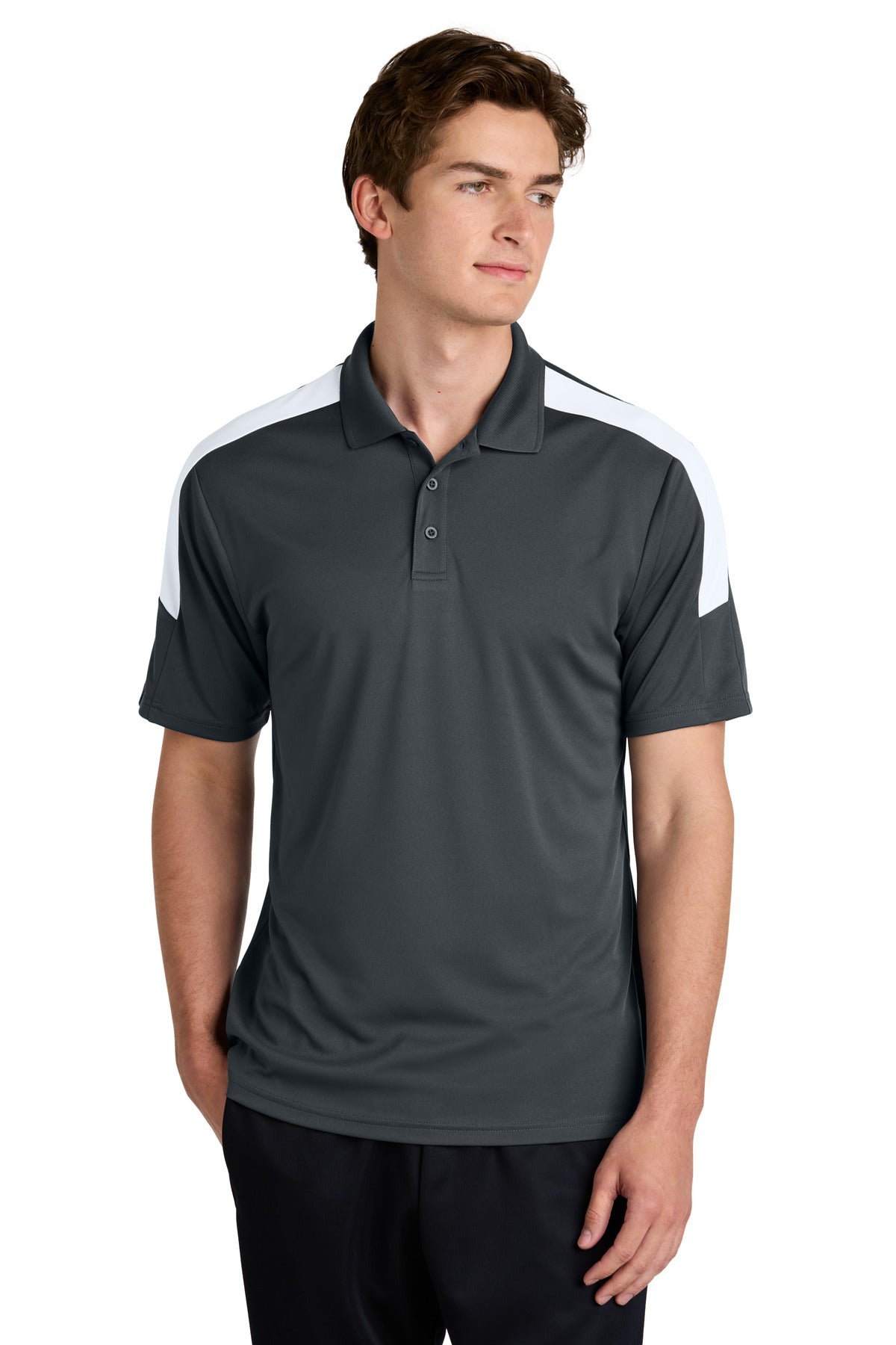 Custom Iron Grey/ White Competitor United Polo ST104, personalized by SanCanDo Swag in Argyle, TX