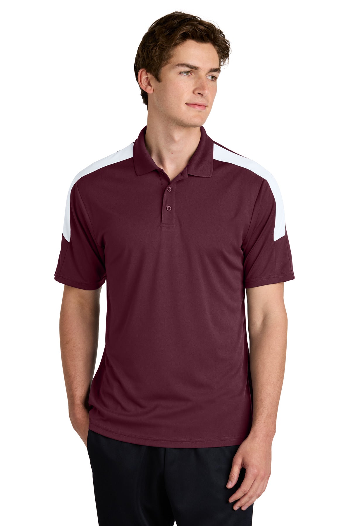 Custom Maroon/ White Competitor United Polo ST104, personalized by SanCanDo Swag in Argyle, TX