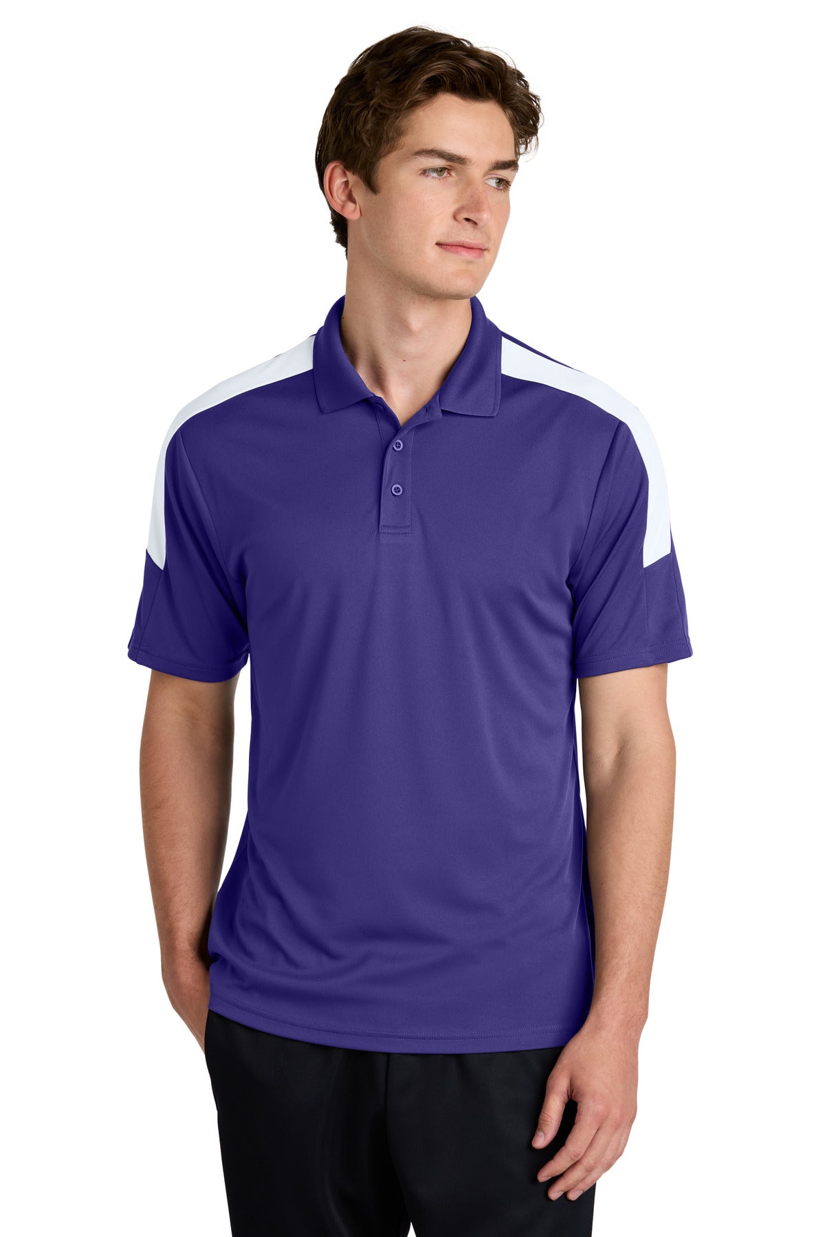 Custom Purple/ White Competitor United Polo ST104, personalized by SanCanDo Swag in Argyle, TX