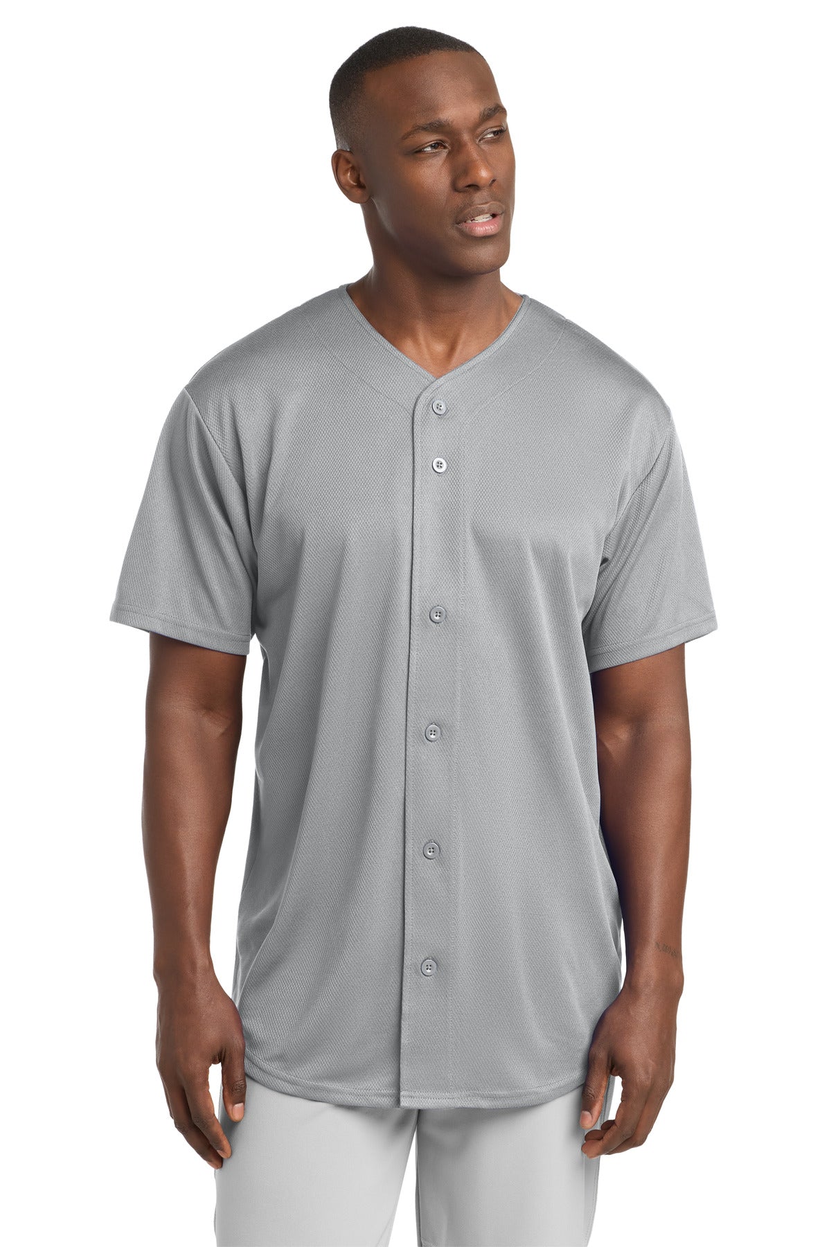 Custom Silver PosiCharge Tough Mesh Full-Button Jersey ST220, personalized by SanCanDo Swag in Argyle, TX
