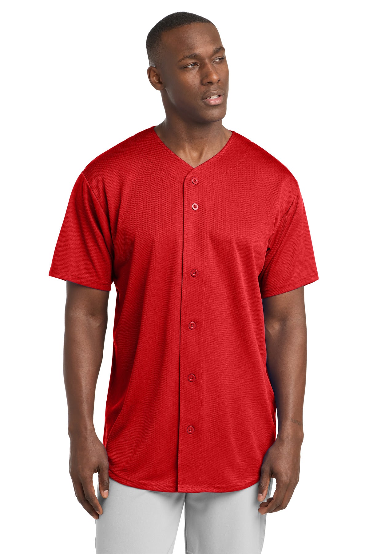 Custom True Red PosiCharge Tough Mesh Full-Button Jersey ST220, personalized by SanCanDo Swag in Argyle, TX