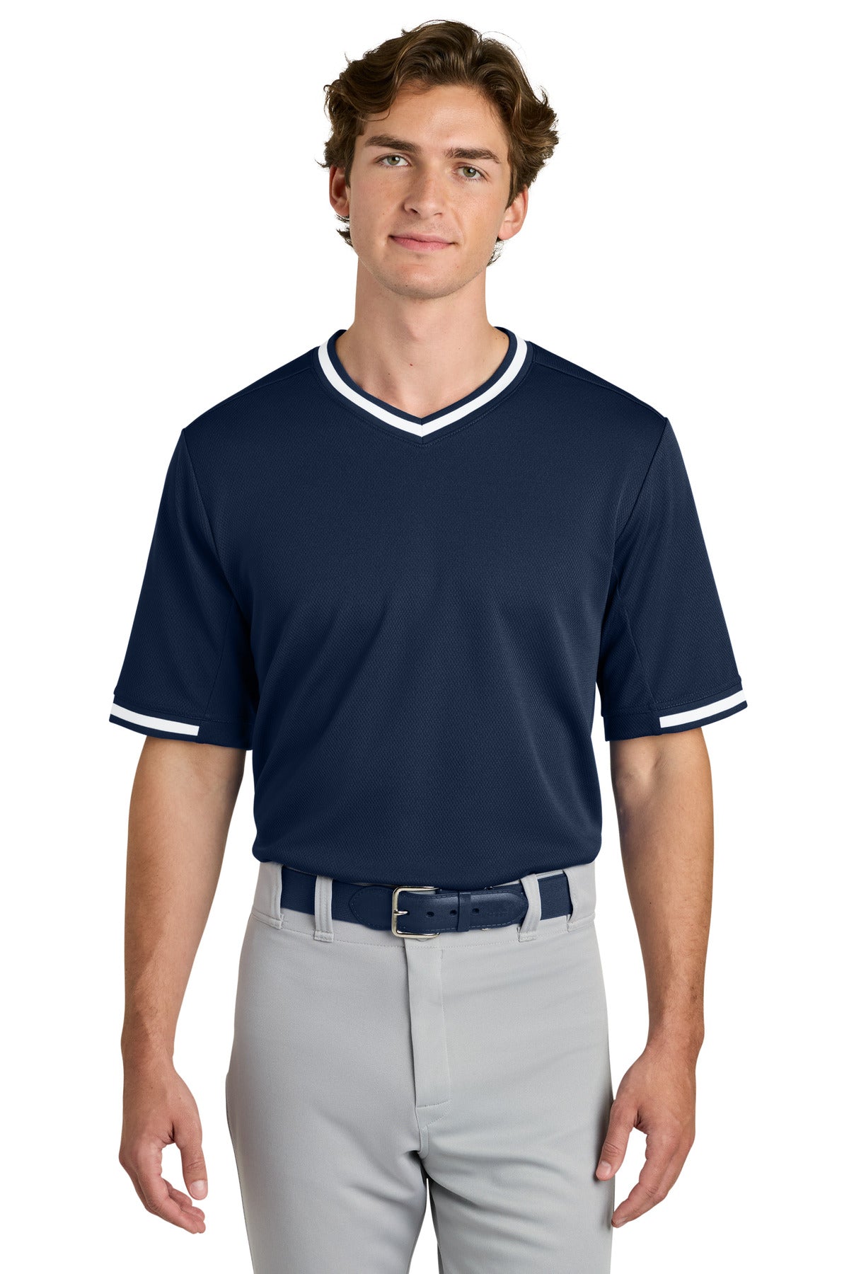 Custom True Navy Tough Mesh V-Neck Baseball Jersey ST221, personalized by SanCanDo Swag in Argyle, TX