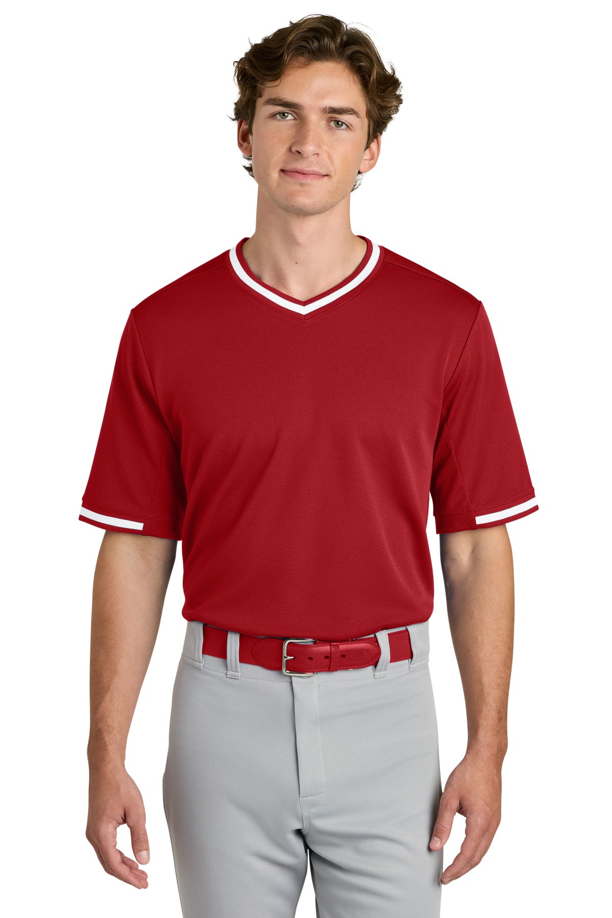 Custom True Red Tough Mesh V-Neck Baseball Jersey ST221, personalized by SanCanDo Swag in Argyle, TX
