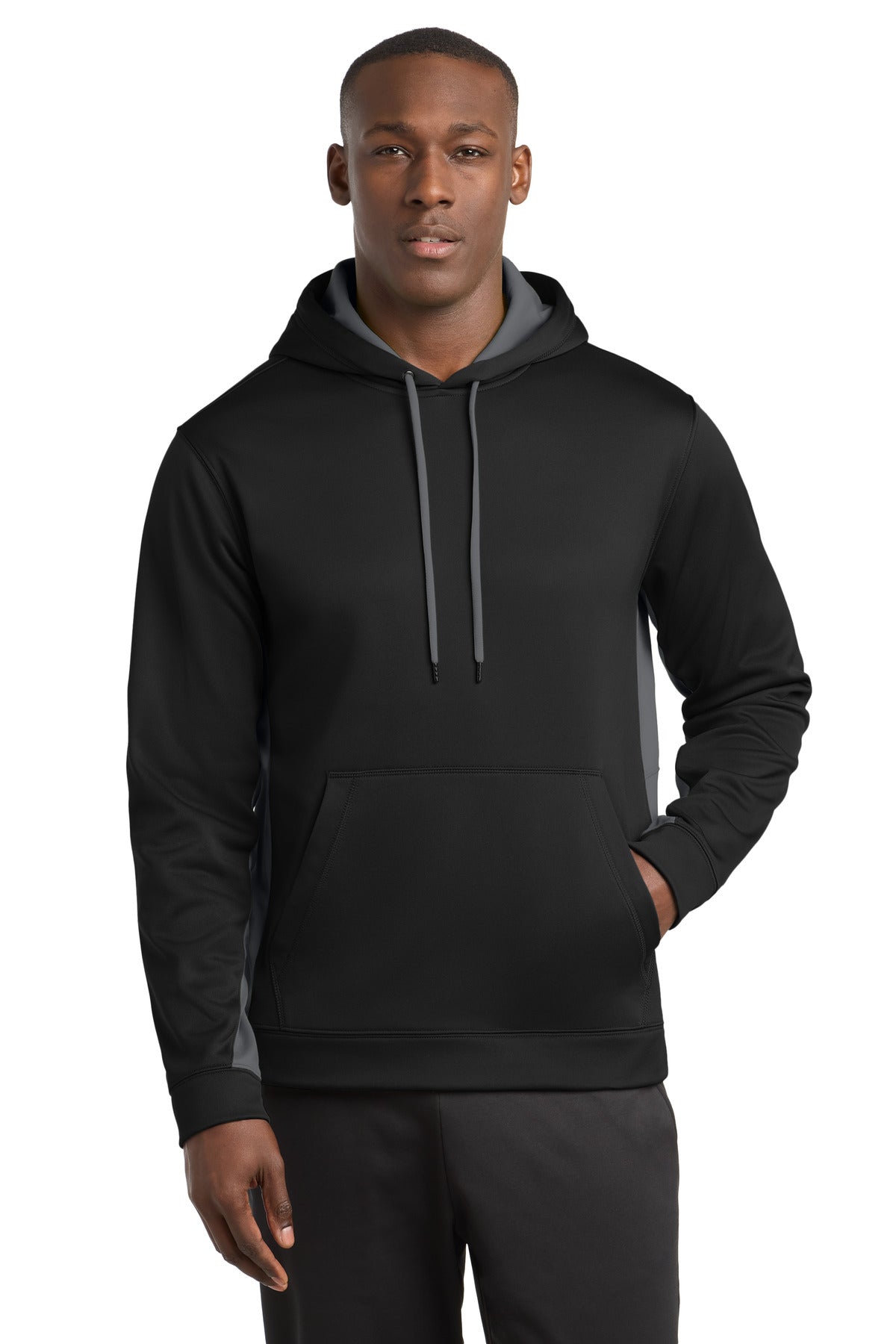 Custom Black/ Dark Smoke Grey Fleece Colorblock Hooded Pullover ST235, personalized by SanCanDo Swag in Argyle, TX