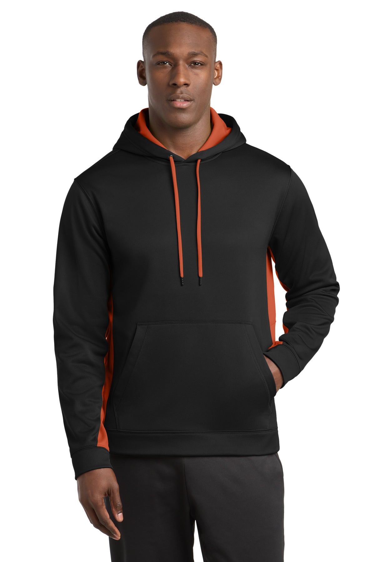 Custom Black/ Deep Orange Fleece Colorblock Hooded Pullover ST235, personalized by SanCanDo Swag in Argyle, TX