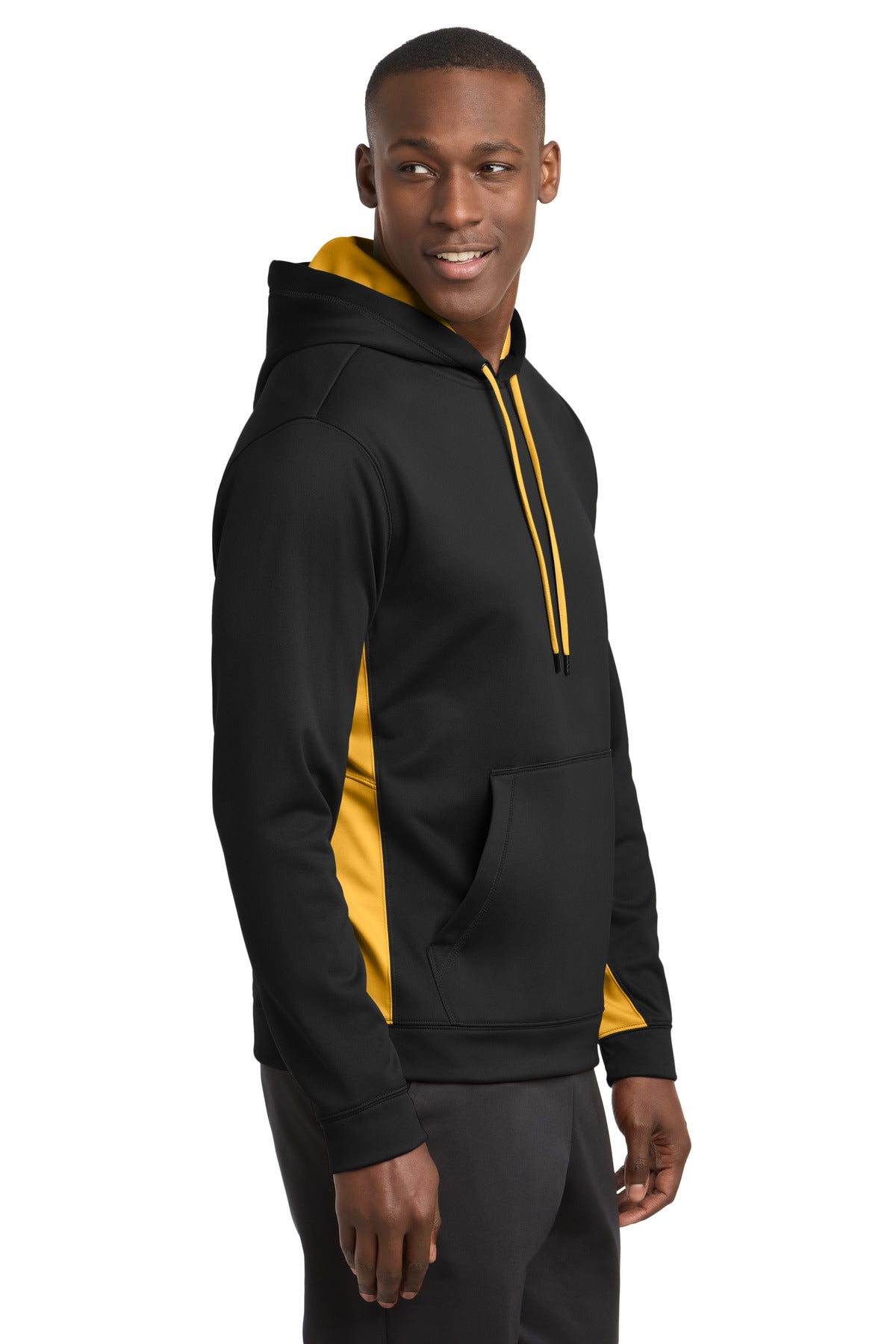 Custom Black/ Gold Fleece Colorblock Hooded Pullover ST235, personalized by SanCanDo Swag in Argyle, TX