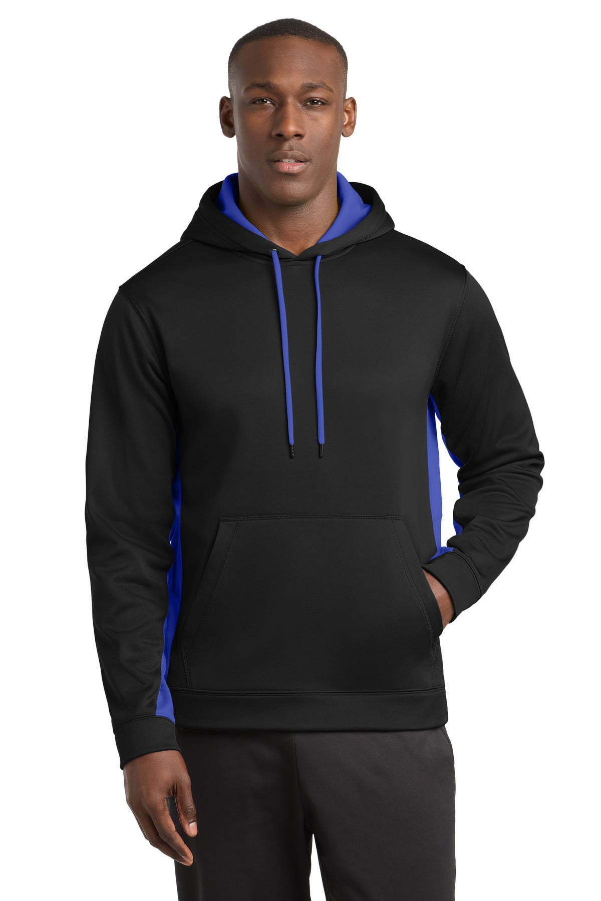 Custom Black/ True Royal Fleece Colorblock Hooded Pullover ST235, personalized by SanCanDo Swag in Argyle, TX