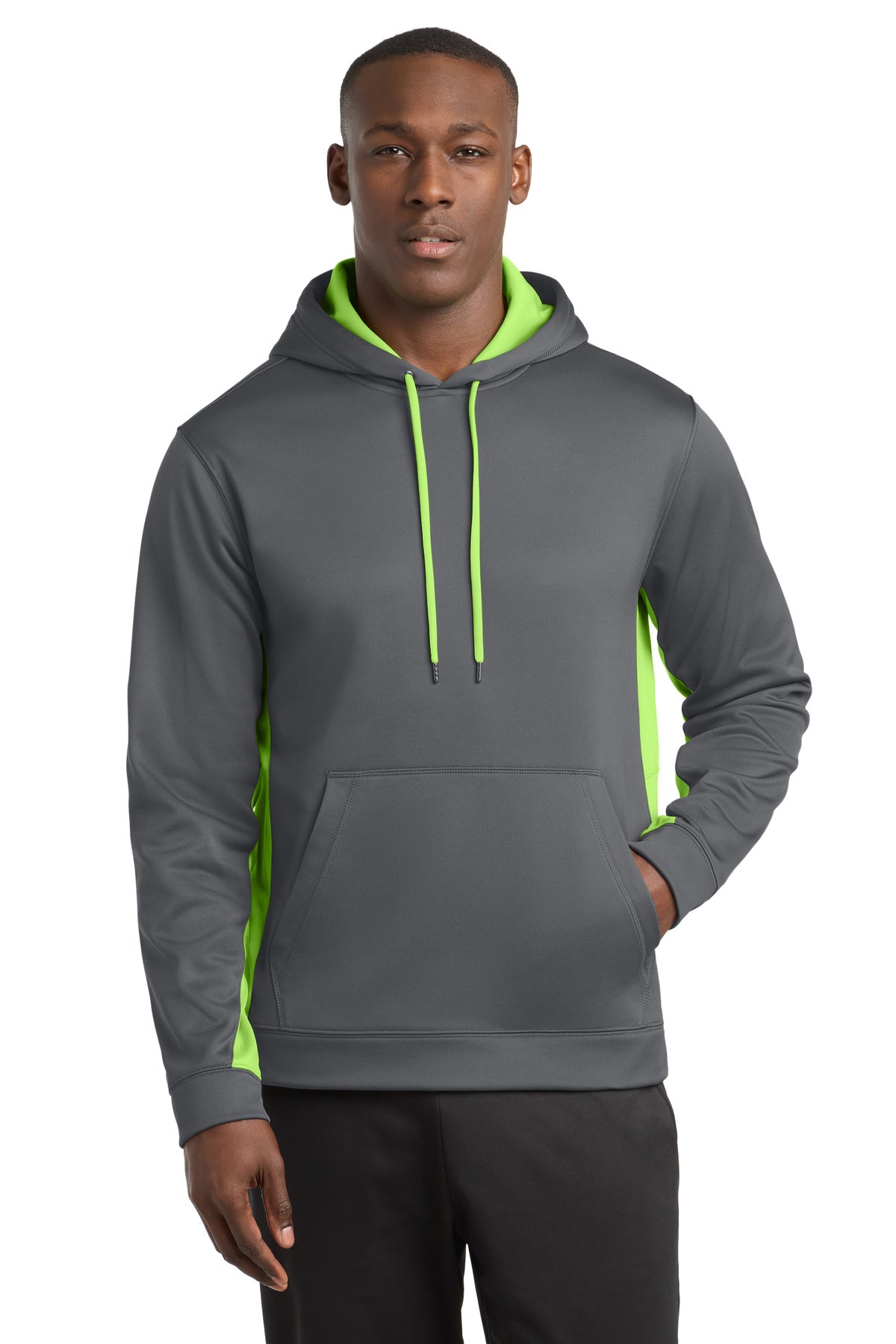 Custom Dark Smoke Grey/ Lime Shock Fleece Colorblock Hooded Pullover ST235, personalized by SanCanDo Swag in Argyle, TX