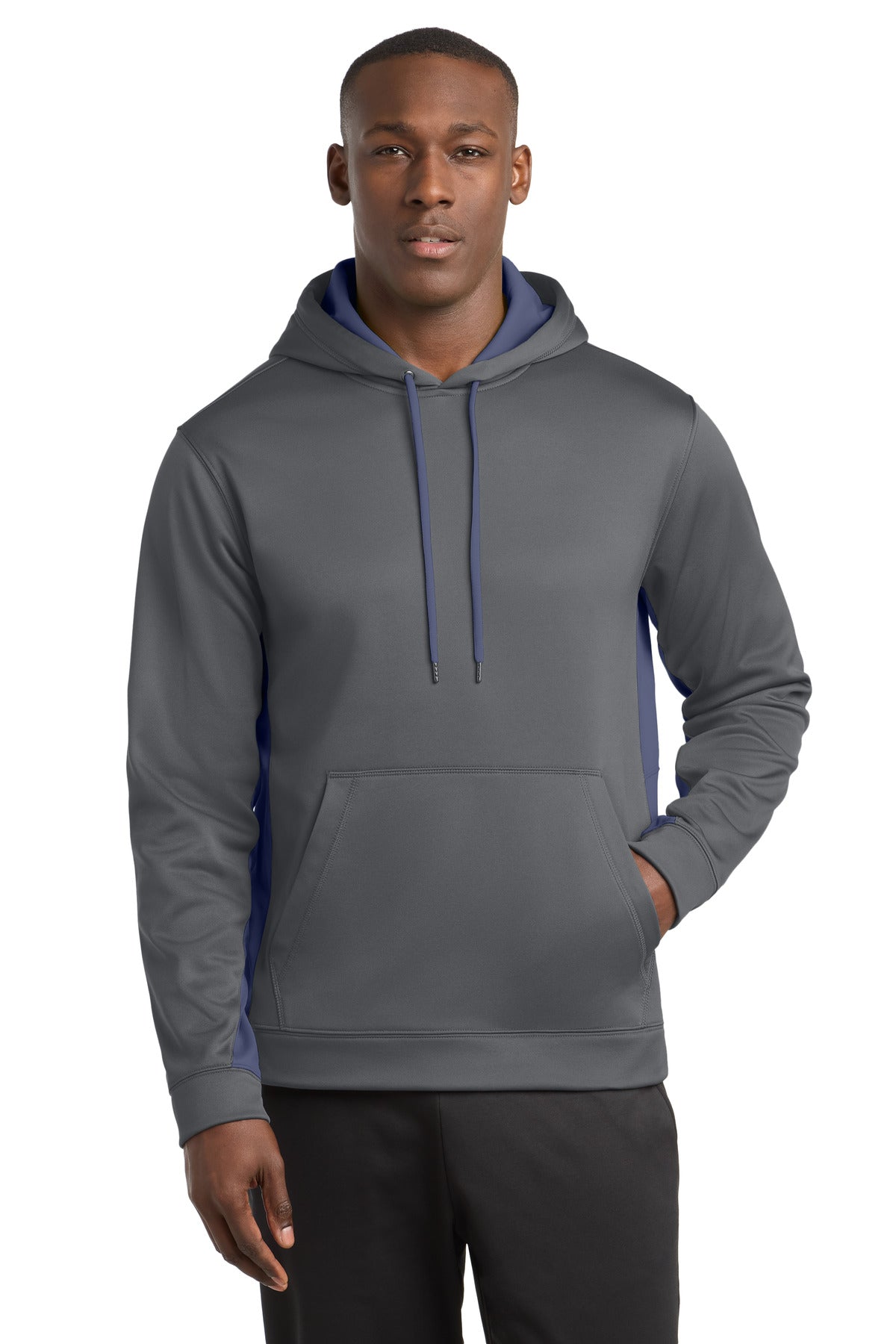 Custom Dark Smoke Grey/ Navy Fleece Colorblock Hooded Pullover ST235, personalized by SanCanDo Swag in Argyle, TX