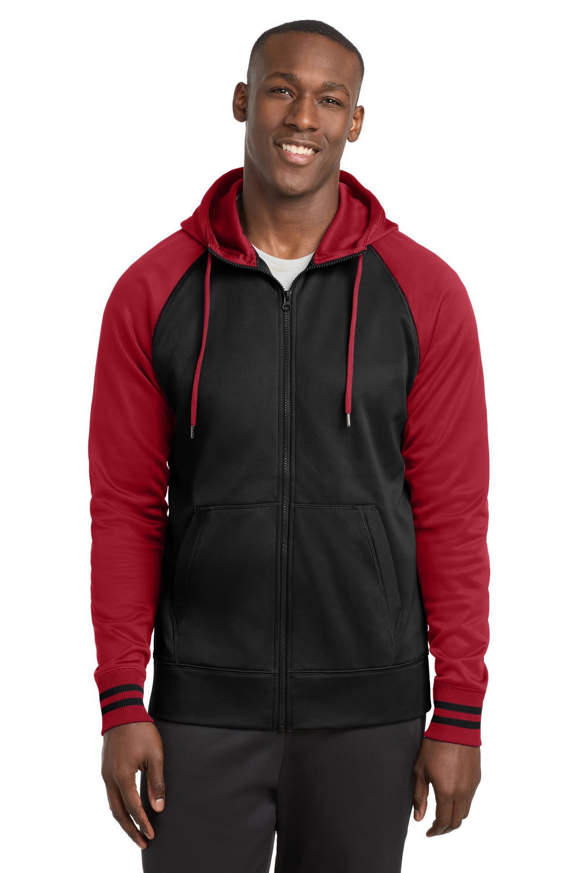 Custom Black/ Deep Red Fleece Full-Zip Hooded Jacket ST236, personalized by SanCanDo Swag in Argyle, TX