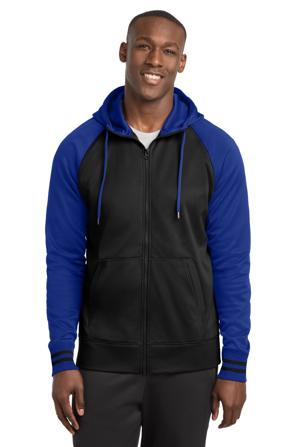 Custom Black/ True Royal Fleece Full-Zip Hooded Jacket ST236, personalized by SanCanDo Swag in Argyle, TX