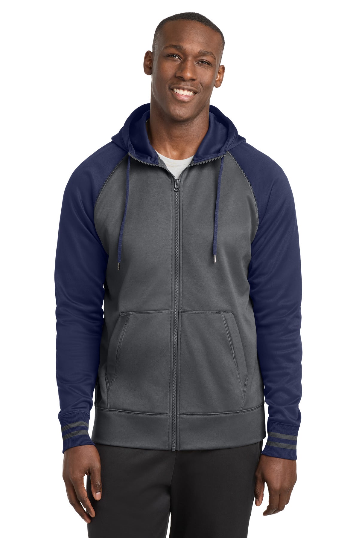 Custom Dark Smoke Grey/ Navy Fleece Full-Zip Hooded Jacket ST236, personalized by SanCanDo Swag in Argyle, TX